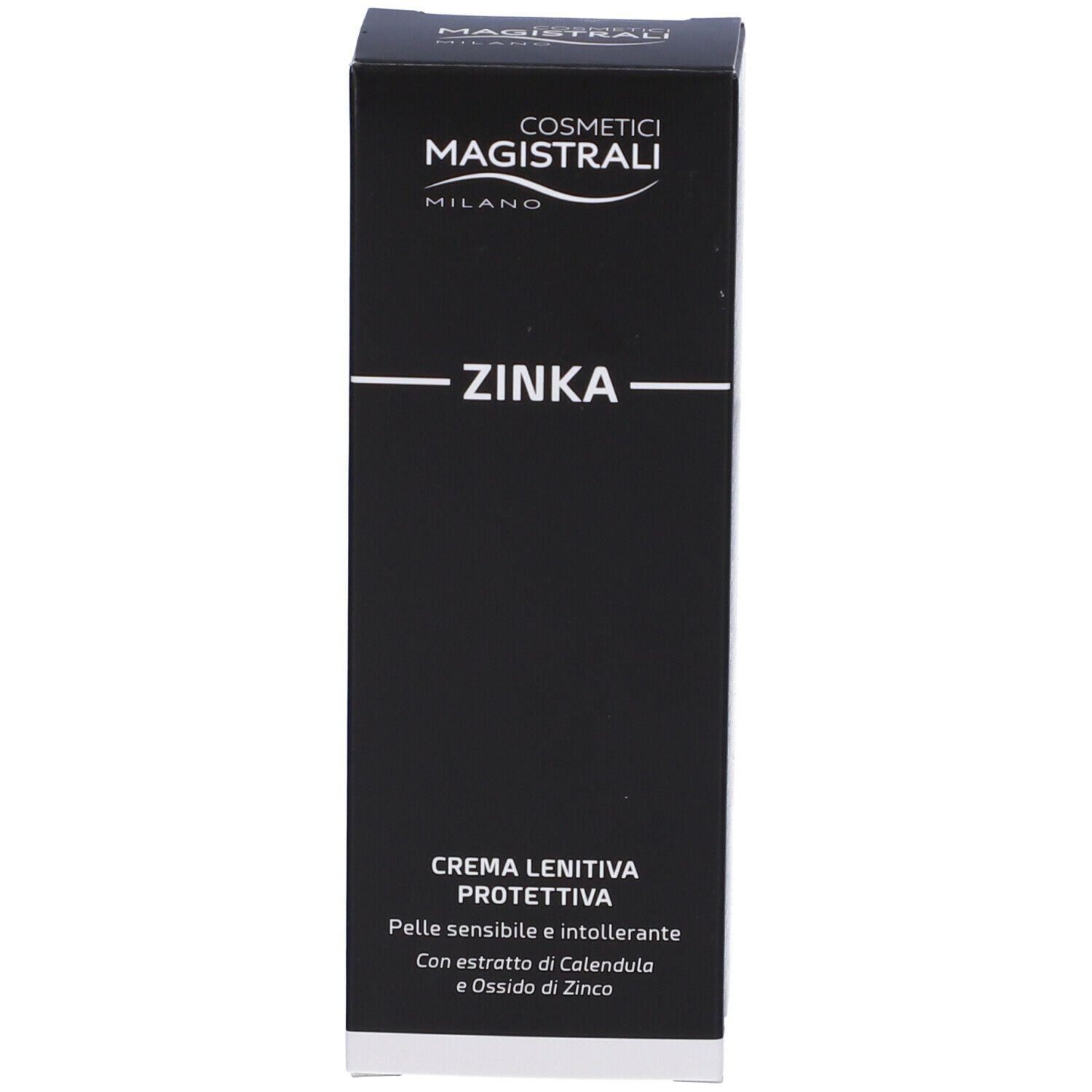 Schwarzer Karton. Aufschrift: COSMETICI MAGISTRALI, ZINKA, CREMA LENITIVA PROTETTIVA. Text über Inhaltsstoffe.