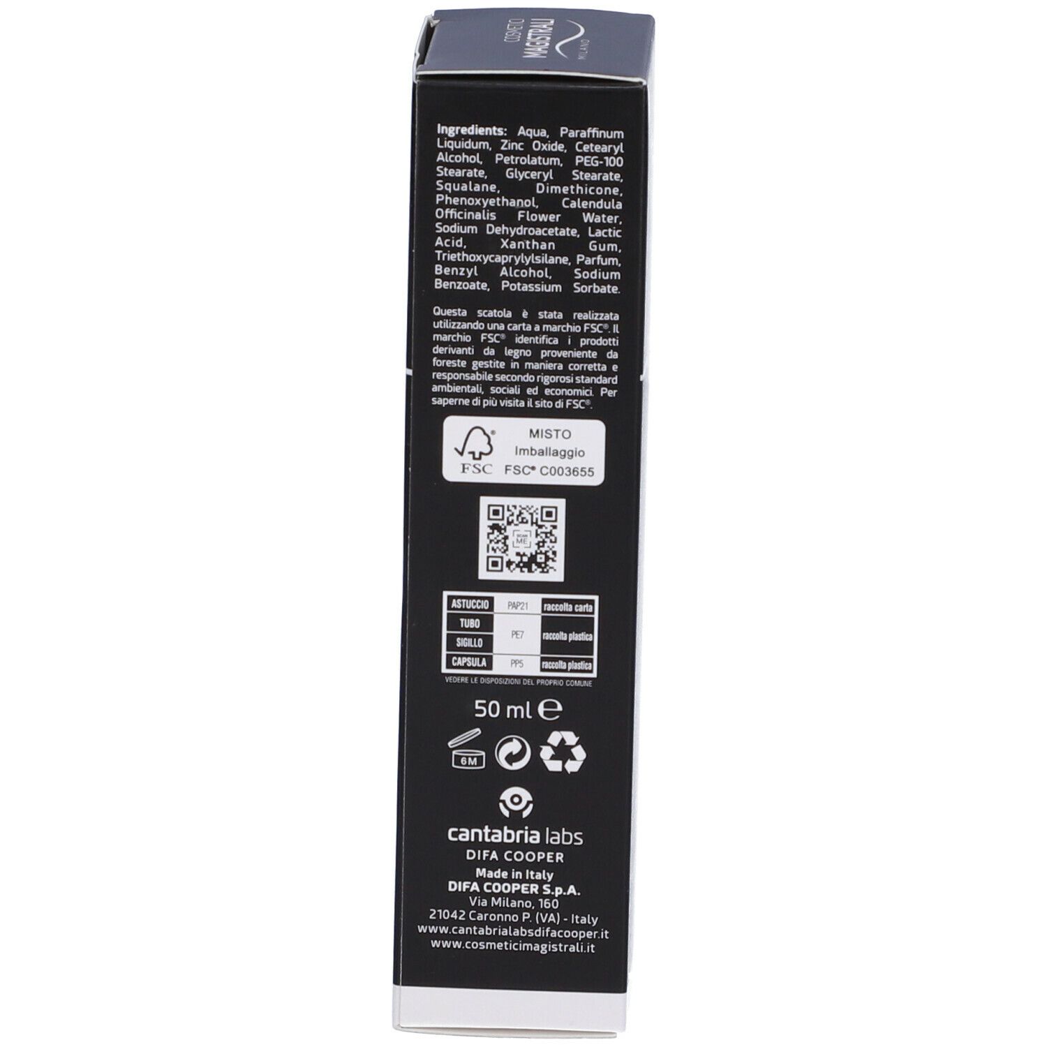 Schwarzer Karton. Aufschrift: Inhaltsstoffe, 50 ml, Logos, FSC-Zertifizierung, QR-Code, Kontaktinformationen.