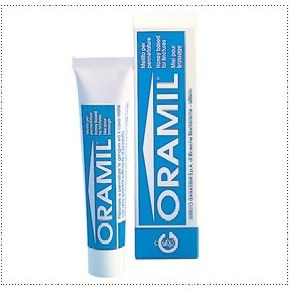 Tubo e scatola bianco e blu. Scritta ORAMIL. Base di miele per gengive. Logo.
