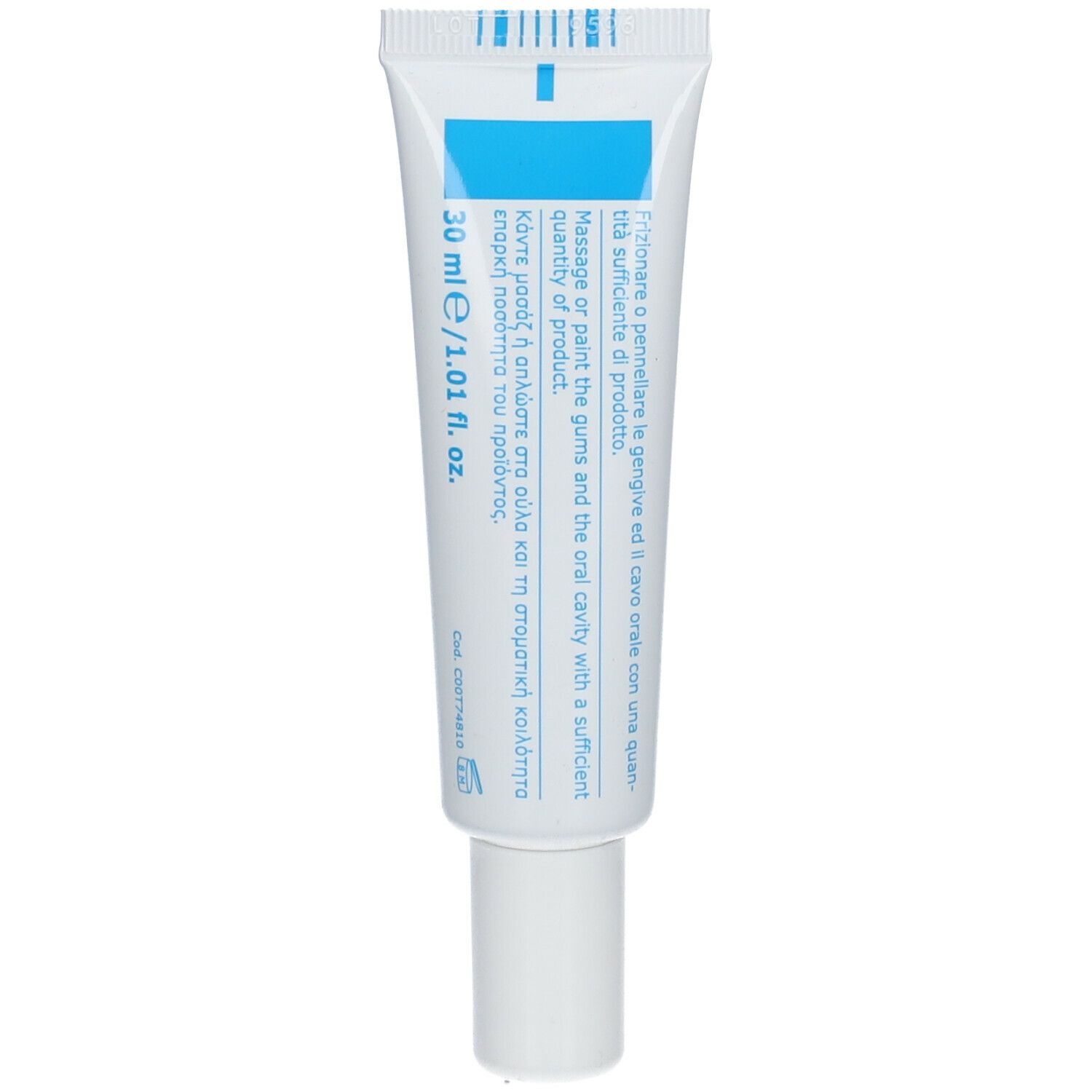 Tubo bianco con stampa blu. Scritta ORAMIL. 30 ml/1,01 fl. oz. Testo multilingue.