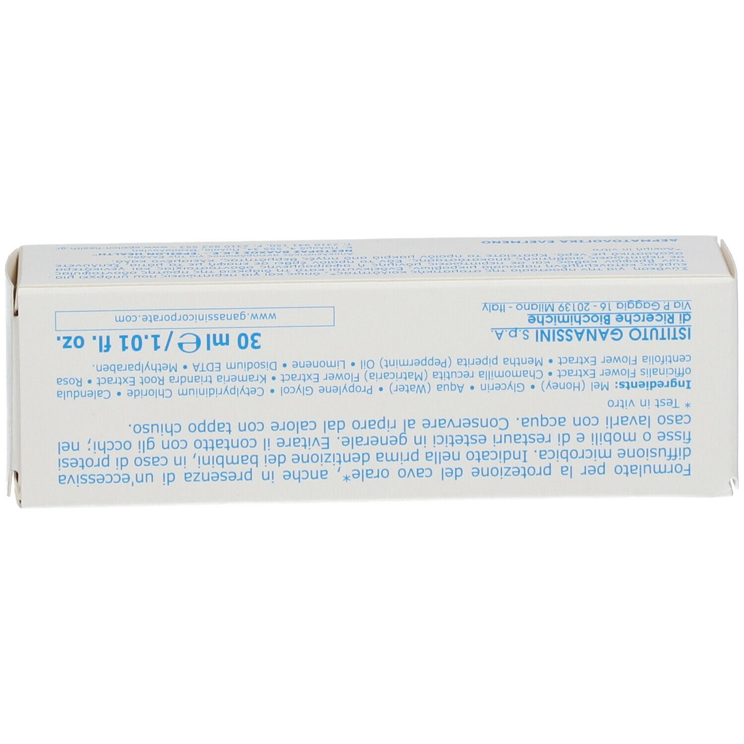 Scatola bianca con testo. Scritta ORAMIL. 30 ml/1,01 fl. oz. Ingredienti.
