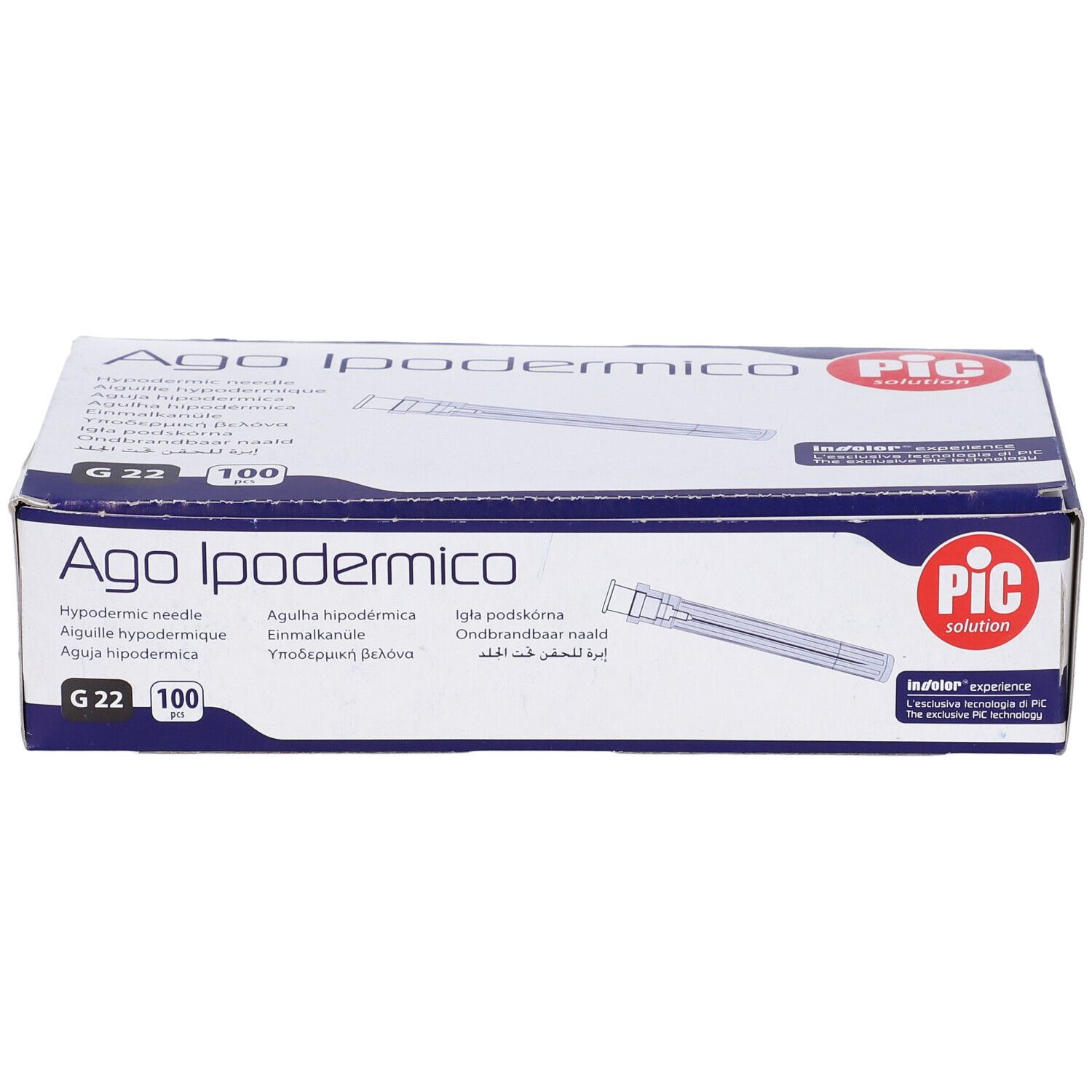 Scatola aghi Ago Ipodermico. Marchio PIC. G22, 100 pezzi. Scritte multilingue.
