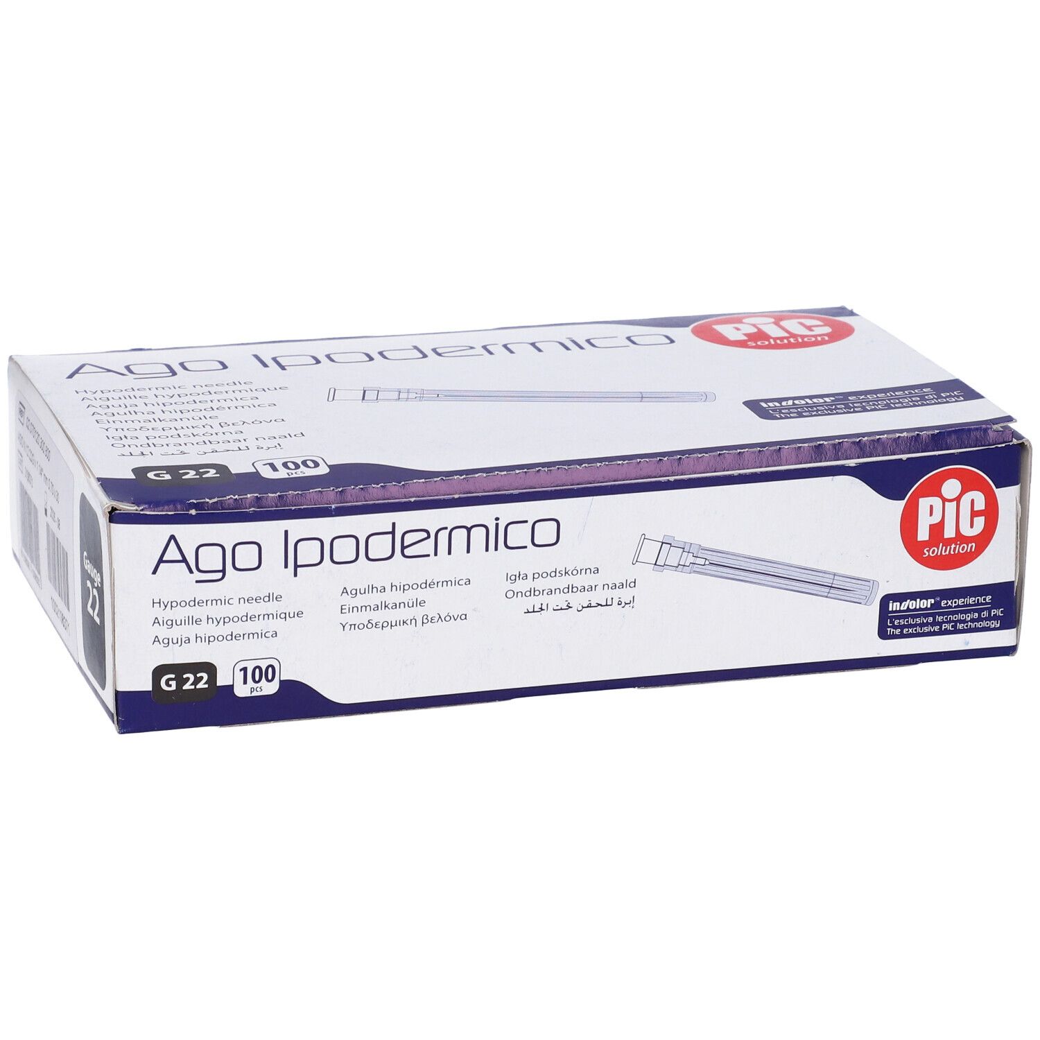 Scatola aghi Ago Ipodermico. Marchio PIC. G22, 100 pezzi. Scritte multilingue.