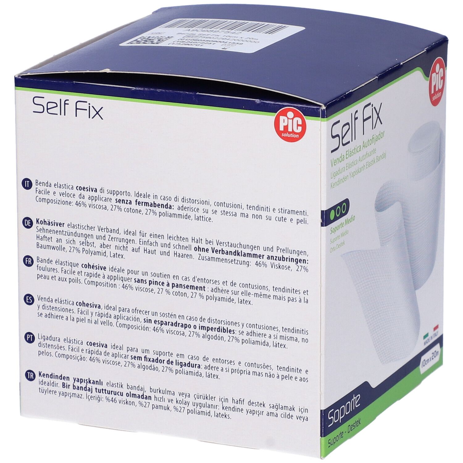 Confezione di benda elastica autoadesiva. Marchio PIC Solution, nome Self Fix. Dimensioni: 10 cm x 20 m.