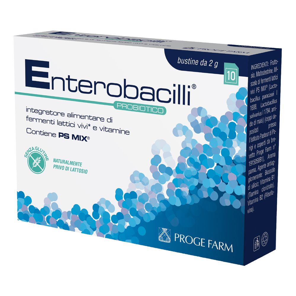 Scatola Enterobacilli Probiotico. Contiene 10 bustine da 2 g. Senza glutine e lattosio.