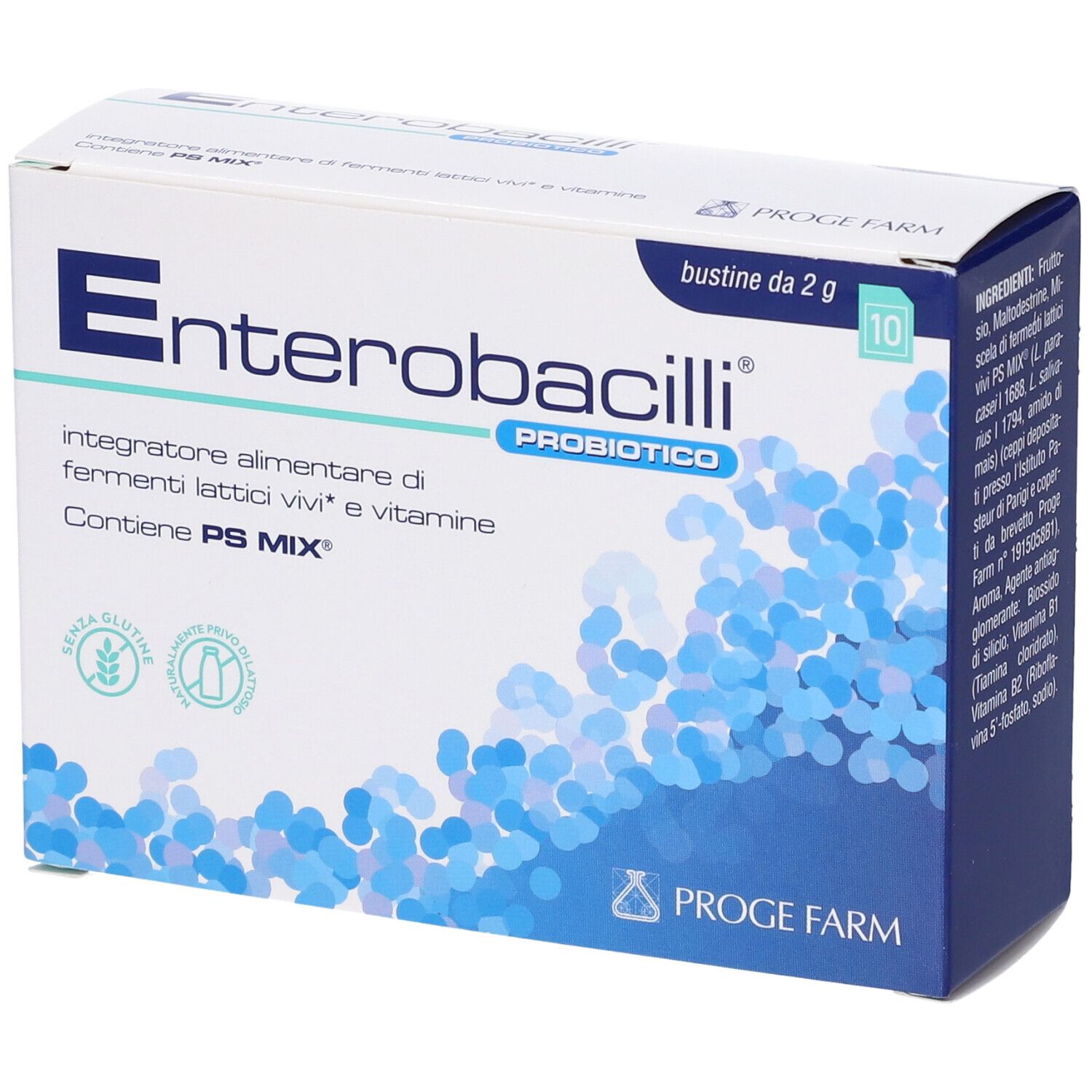 Scatola Enterobacilli Probiotico. Contiene 10 bustine da 2 g. Senza glutine e lattosio.