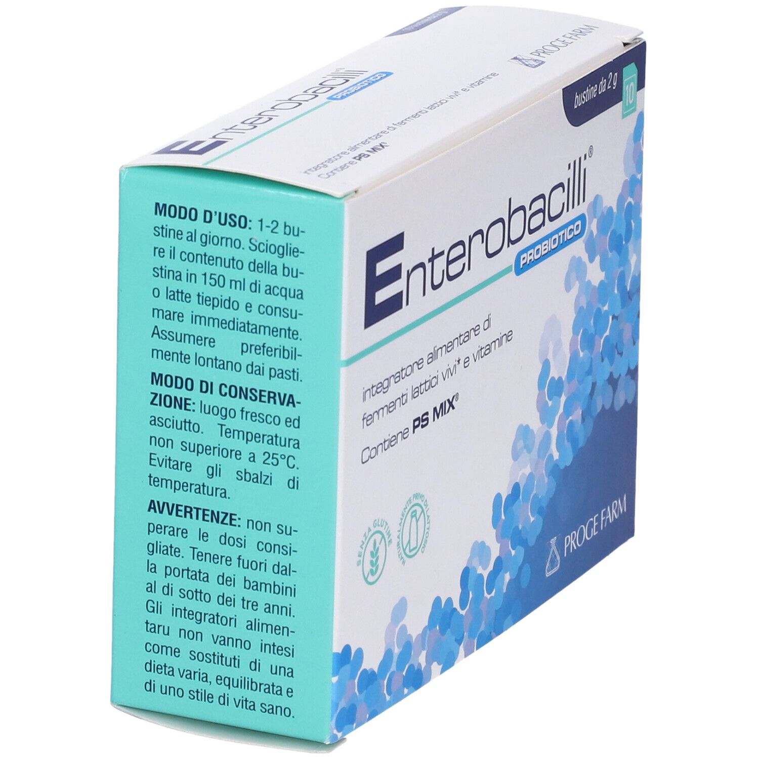 Scatola Enterobacilli Probiotico. Contiene 10 bustine da 2 g. Testo e istruzioni per l'uso.
