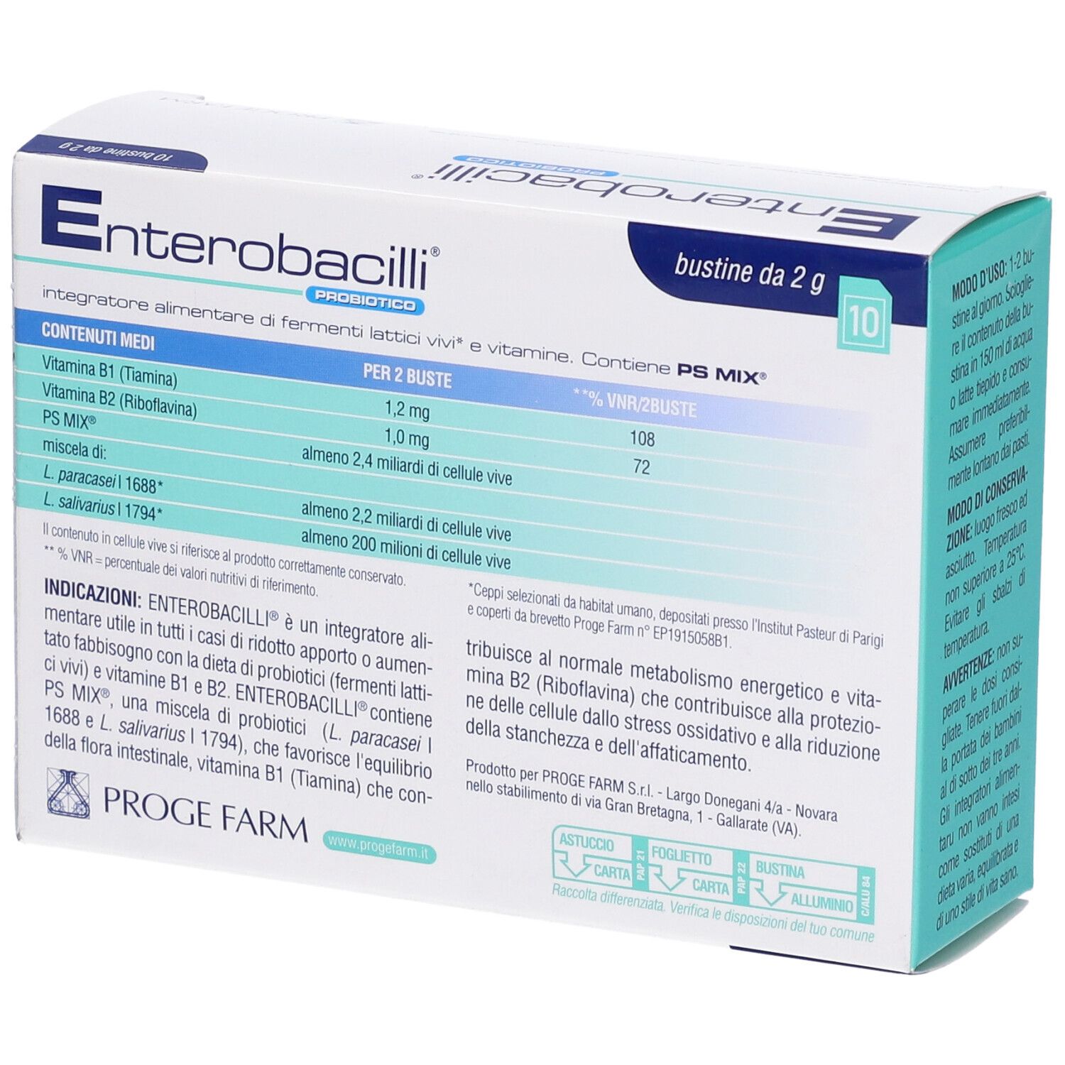 Scatola Enterobacilli Probiotico. Contiene 10 bustine da 2 g. Valori nutrizionali e ingredienti.