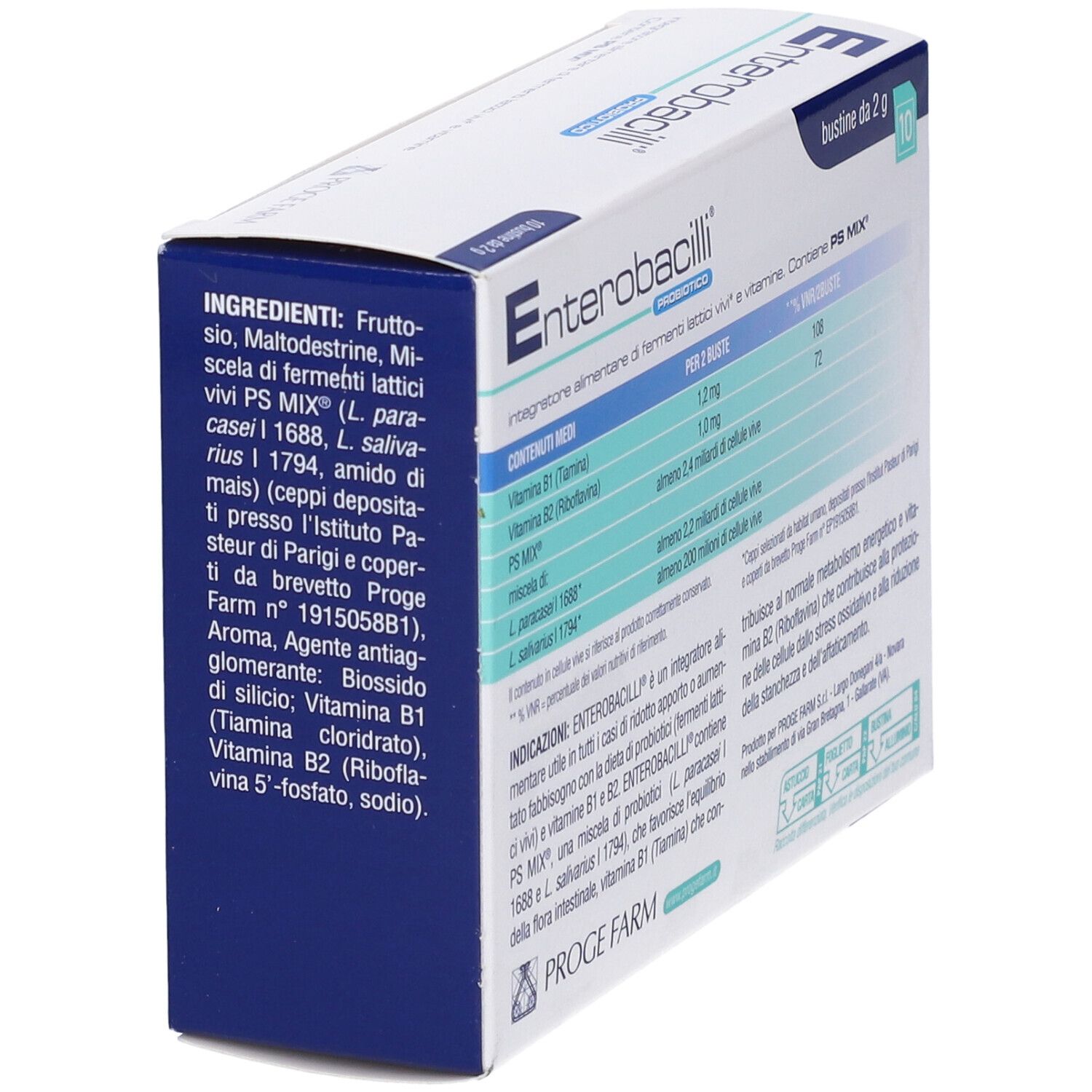 Scatola Enterobacilli Probiotico. Contiene 10 bustine da 2 g. Ingredienti e valori nutrizionali.