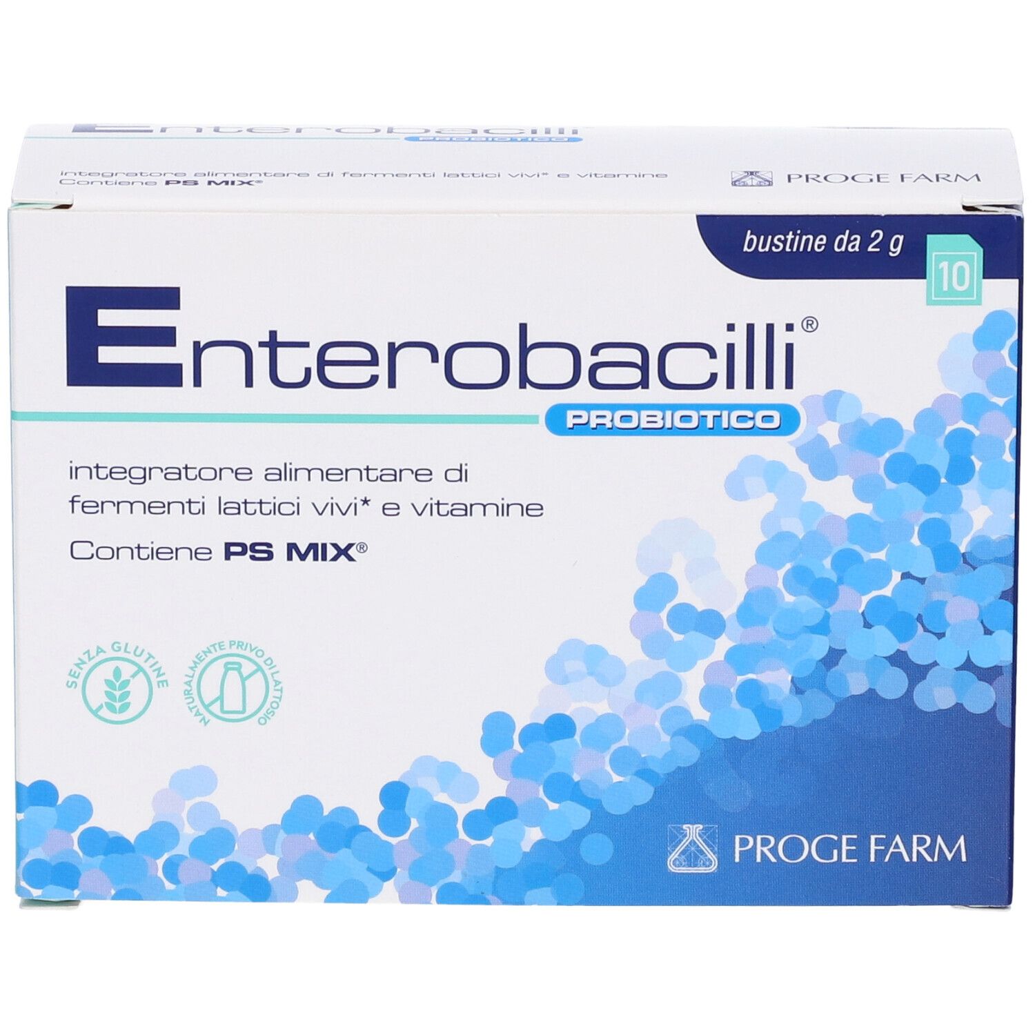 Scatola Enterobacilli Probiotico. Contiene 10 bustine da 2 g. Senza glutine e lattosio.