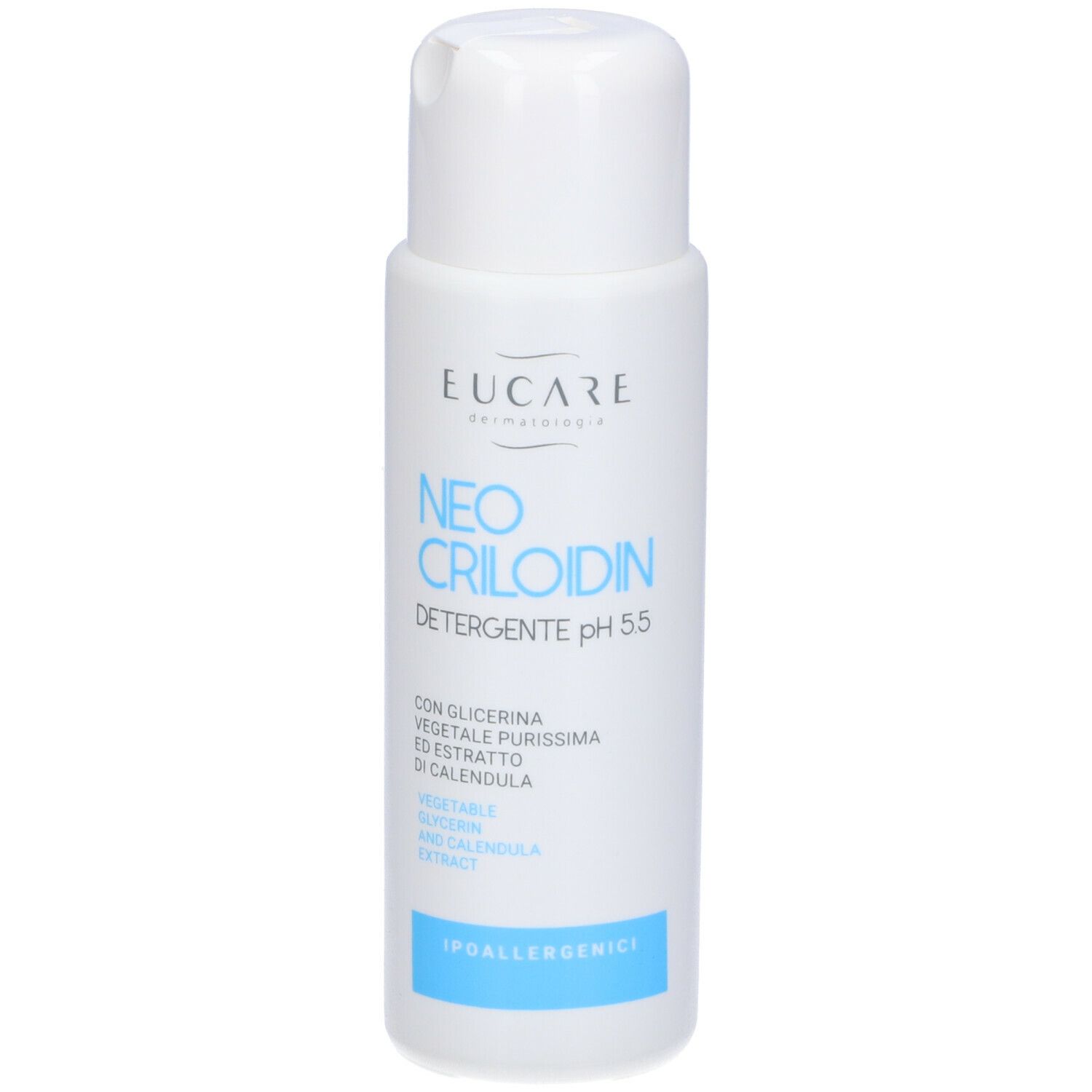 Flacone bianco con tappo a ribalta. Scritta: EUCARE Neo Criloidin Detergente pH 5,5. Con ingredienti.