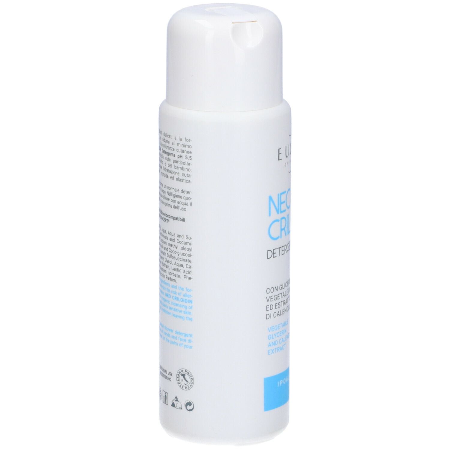Flacone bianco con tappo a ribalta. Scritta: EUCARE Neo Criloidin pH 5,5. Retro con testo.