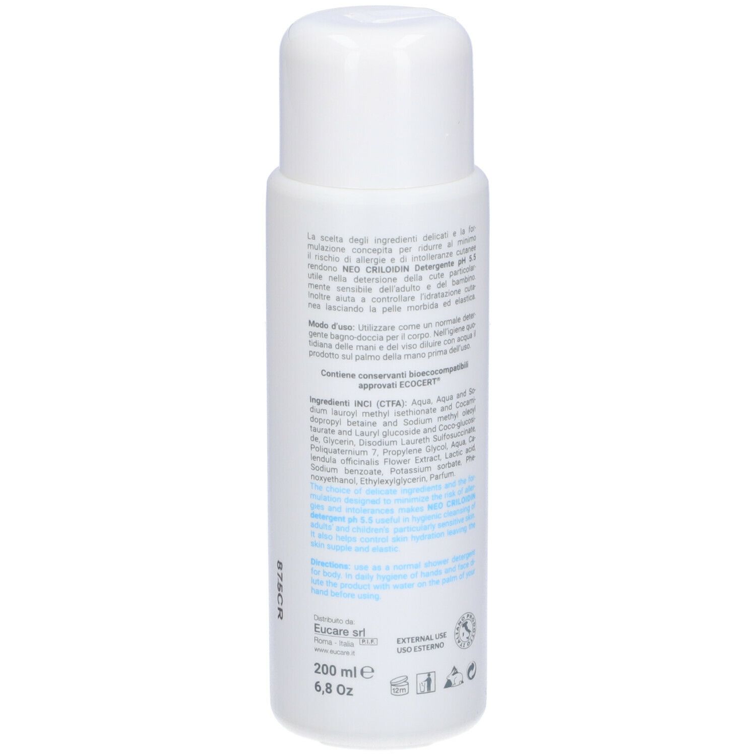 Flacone bianco con tappo a ribalta. Scritta: EUCARE Neo Criloidin pH 5,5. Retro con testo.