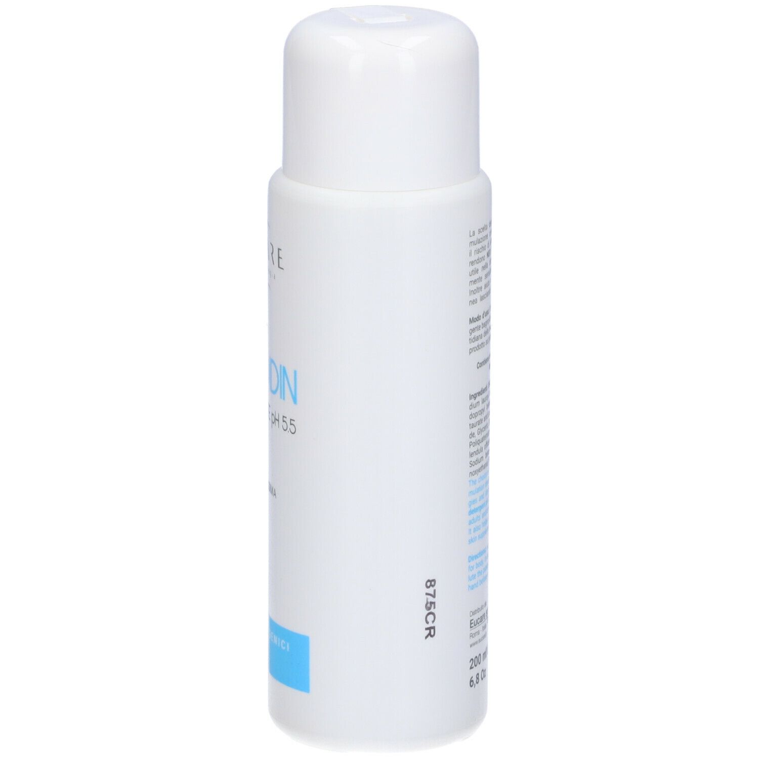 Flacone bianco con tappo a ribalta. Scritta: EUCARE Neo Criloidin pH 5,5. Retro con testo.