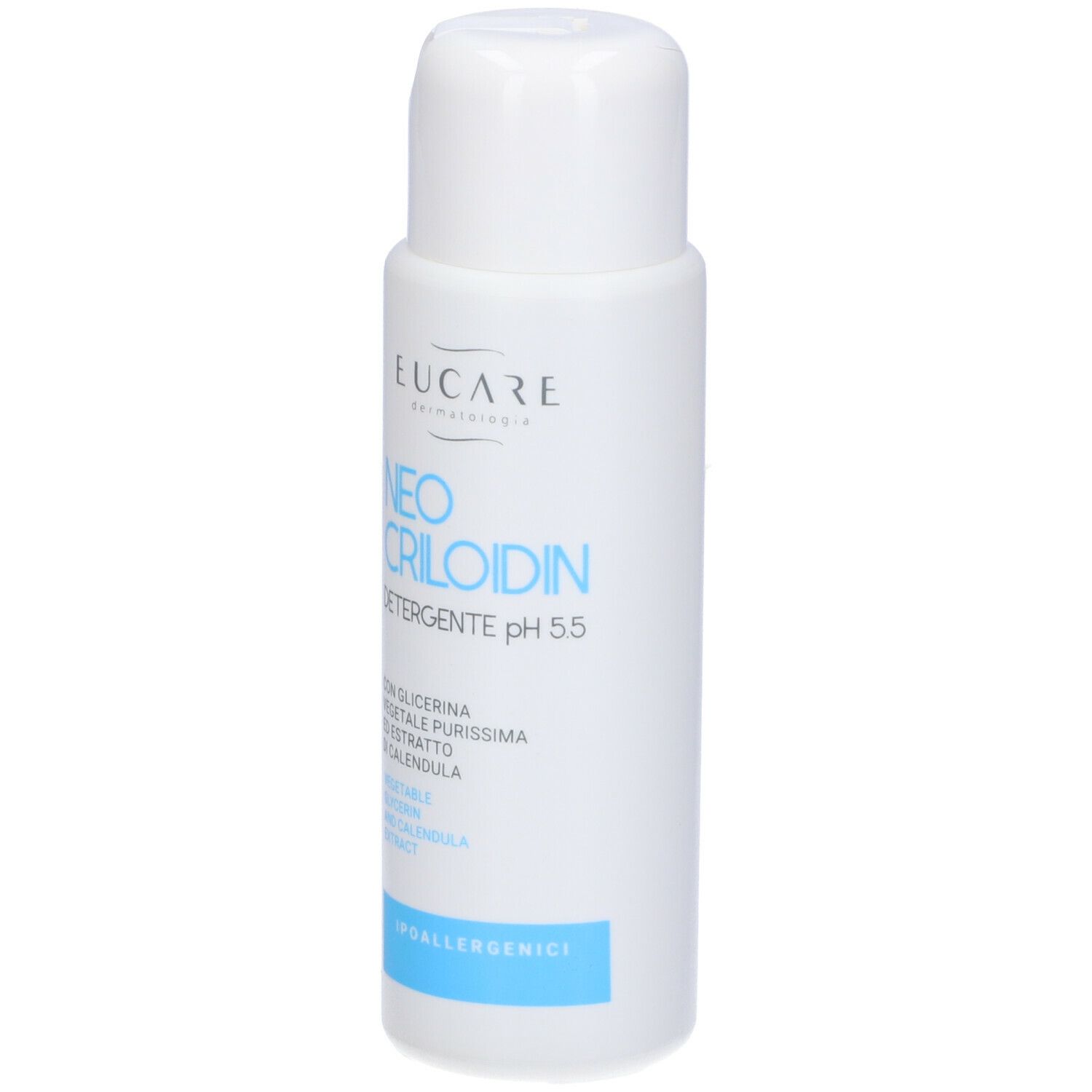 Flacone bianco con tappo a ribalta. Scritta: EUCARE Neo Criloidin pH 5,5. Retro con testo.