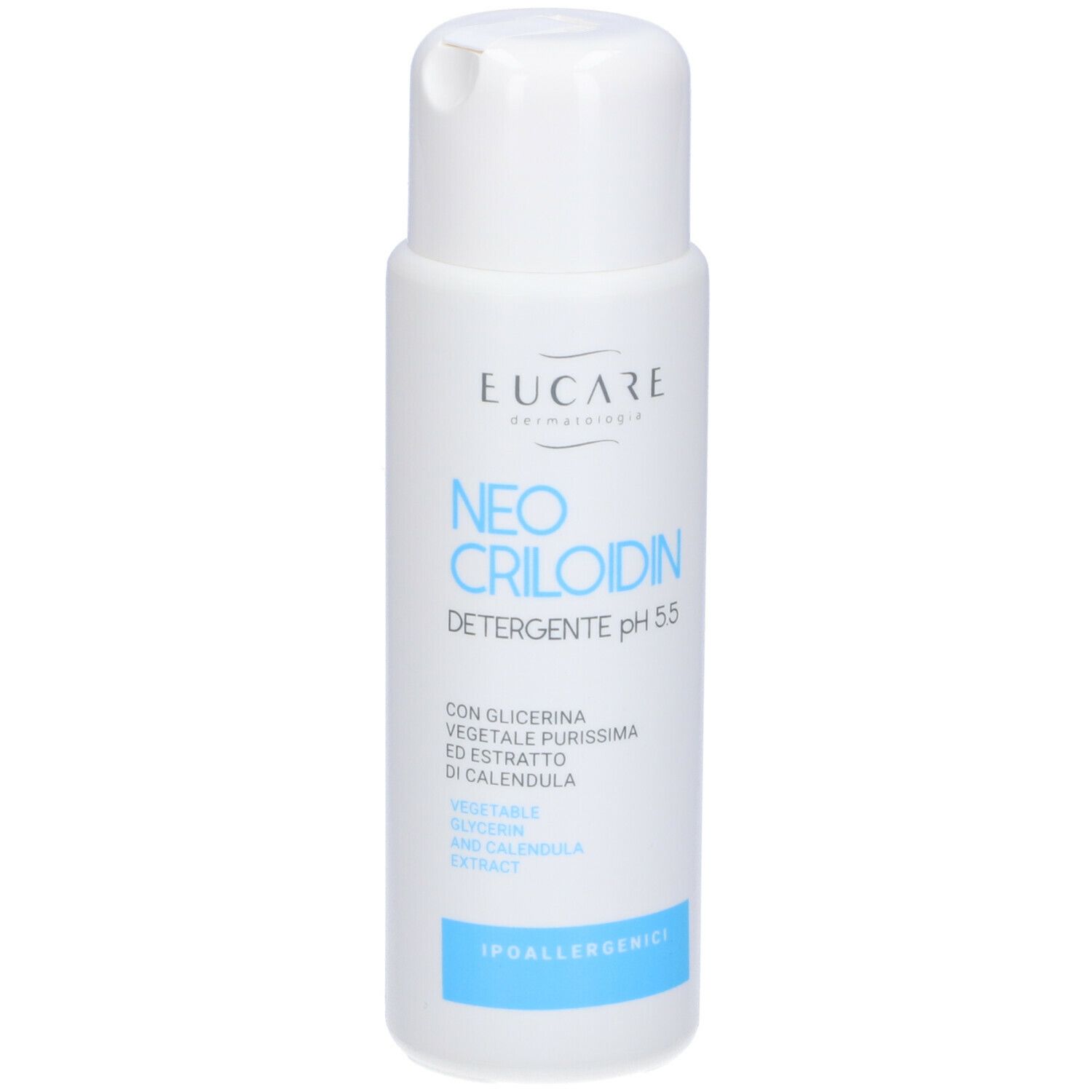 Flacone bianco con tappo a ribalta. Scritta: EUCARE Neo Criloidin pH 5,5. Con ingredienti.