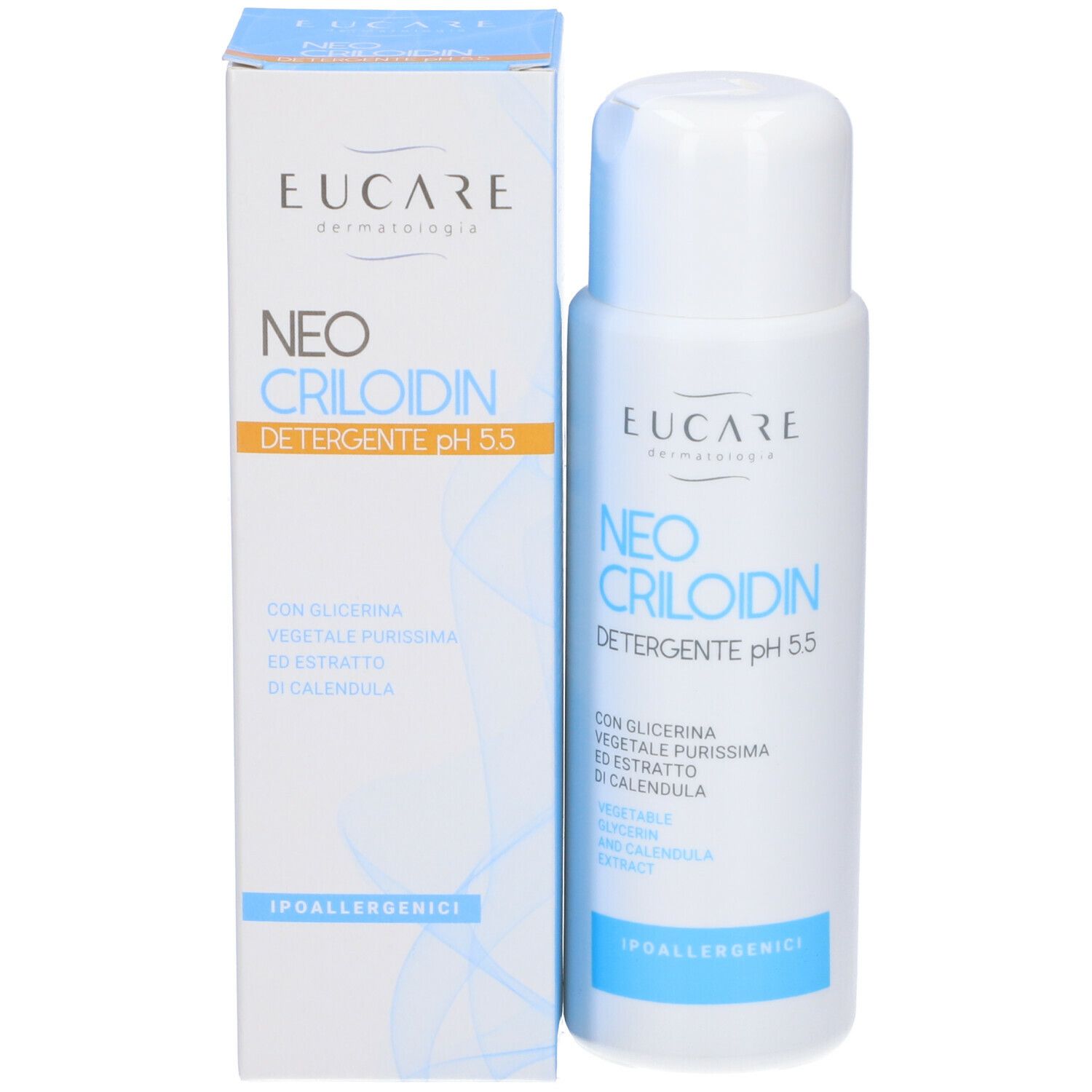 Confezione e flacone. Scritta: EUCARE Neo Criloidin pH 5,5. Con ingredienti.