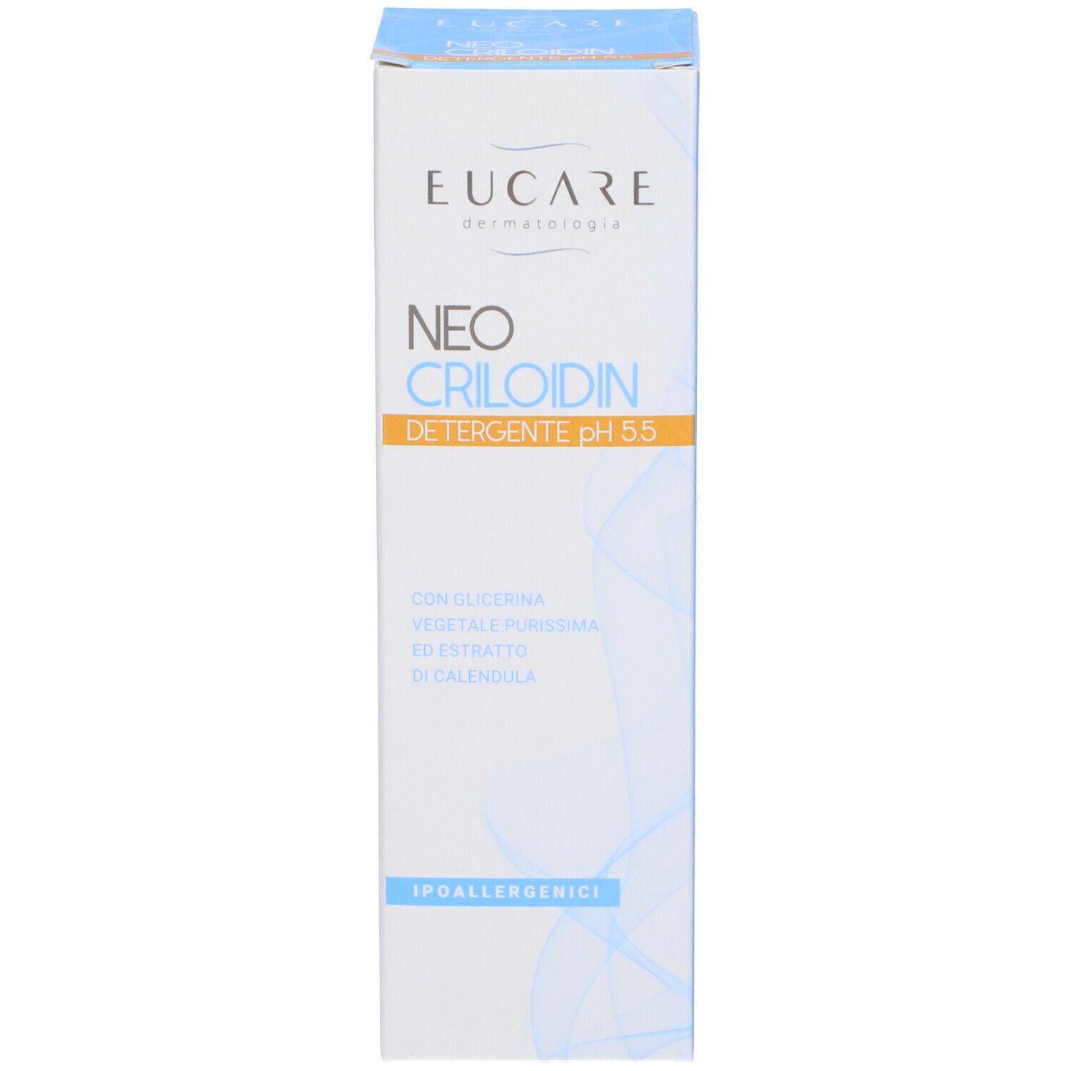 Confezione del prodotto. Scritta: EUCARE Neo Criloidin pH 5,5. Con ingredienti.