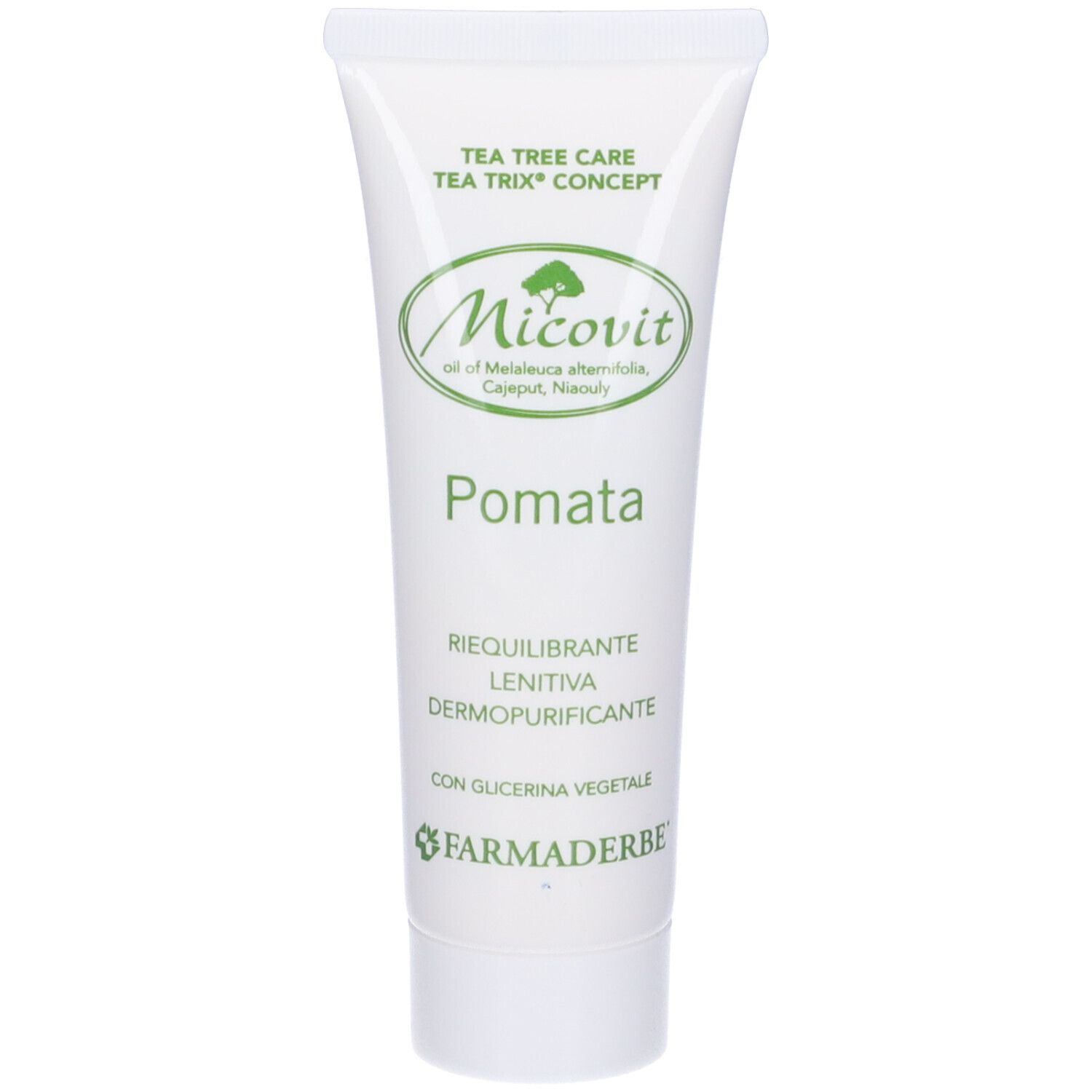 Tubo bianco Micovit Pomata. Scritta verde. Testo: Pomata, RIEQUILIBRANTE, LENITIVA, DERMOPURIFICANTE. Con glicerina.