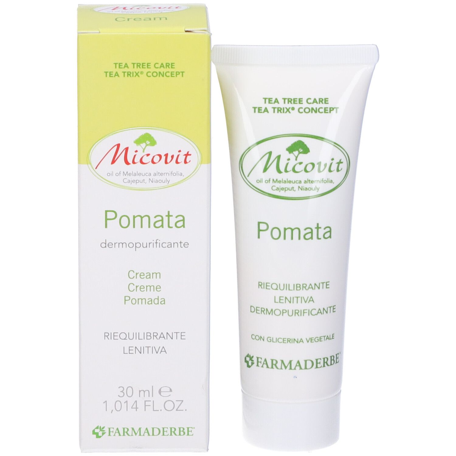 Tubo e scatola Micovit Pomata. Design verde e bianco. Testo: Pomata, 30 ml, Farmaderbe. Contiene Tea Tree Care.
