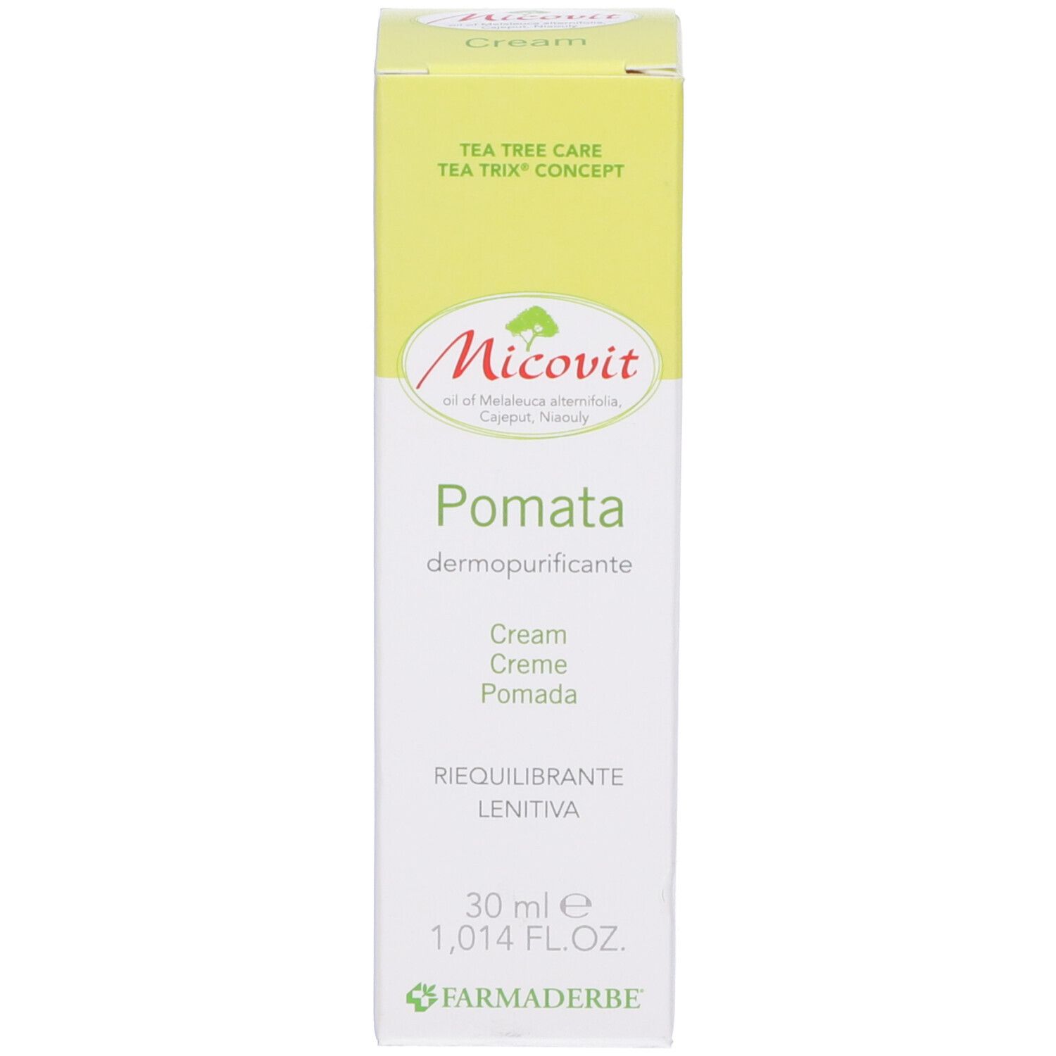 Scatola Micovit Pomata. Design verde e bianco. Testo: Pomata, 30 ml, Farmaderbe. Contiene Tea Tree Care.