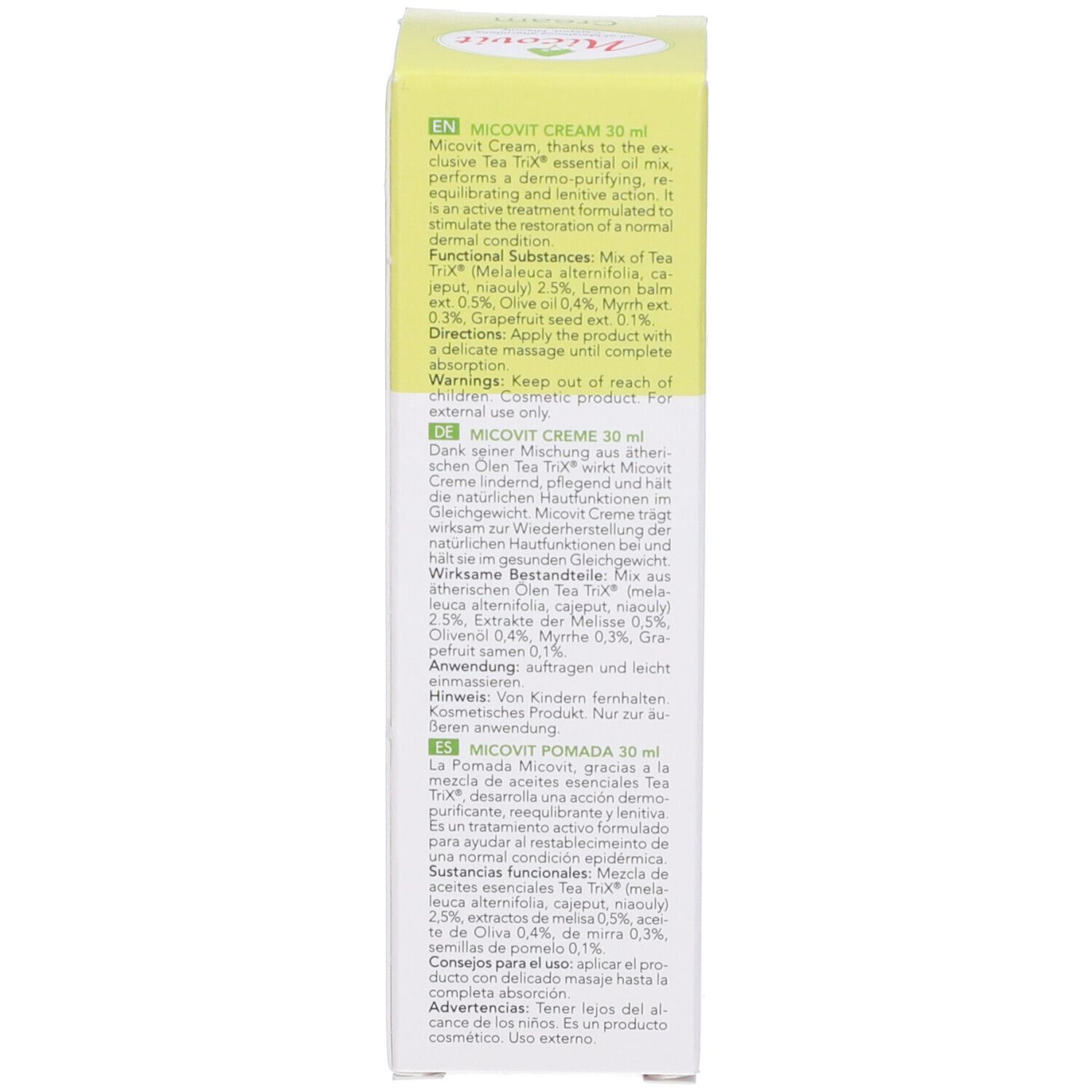 Lato della scatola Micovit Pomata. Testo: Ingredienti, consigli per l'uso, 30 ml, Nickel tested, Made in Italy.