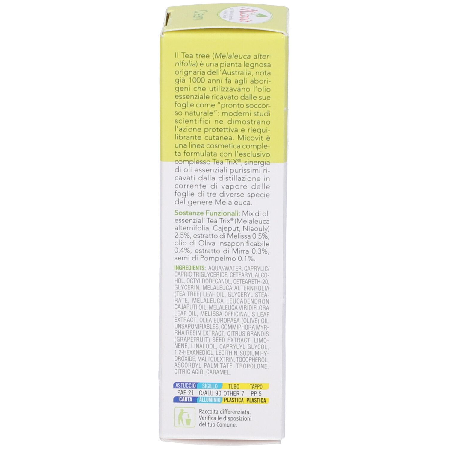 Lato della scatola Micovit Pomata. Testo: Ingredienti, consigli per l'uso, 30 ml, Nickel tested, Made in Italy.