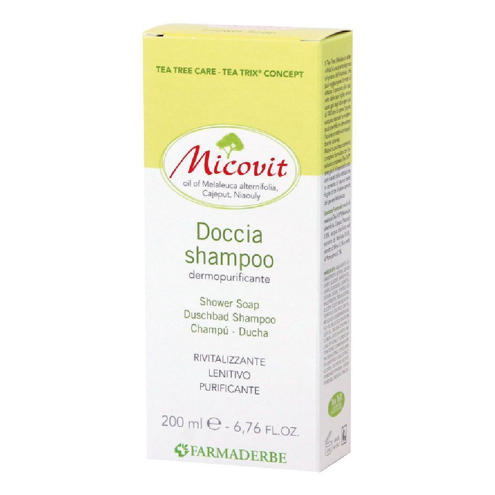 Confezione di shampoo doccia. Scritta: Micovit, Doccia shampoo, 200 ml. Colori verde e bianco.