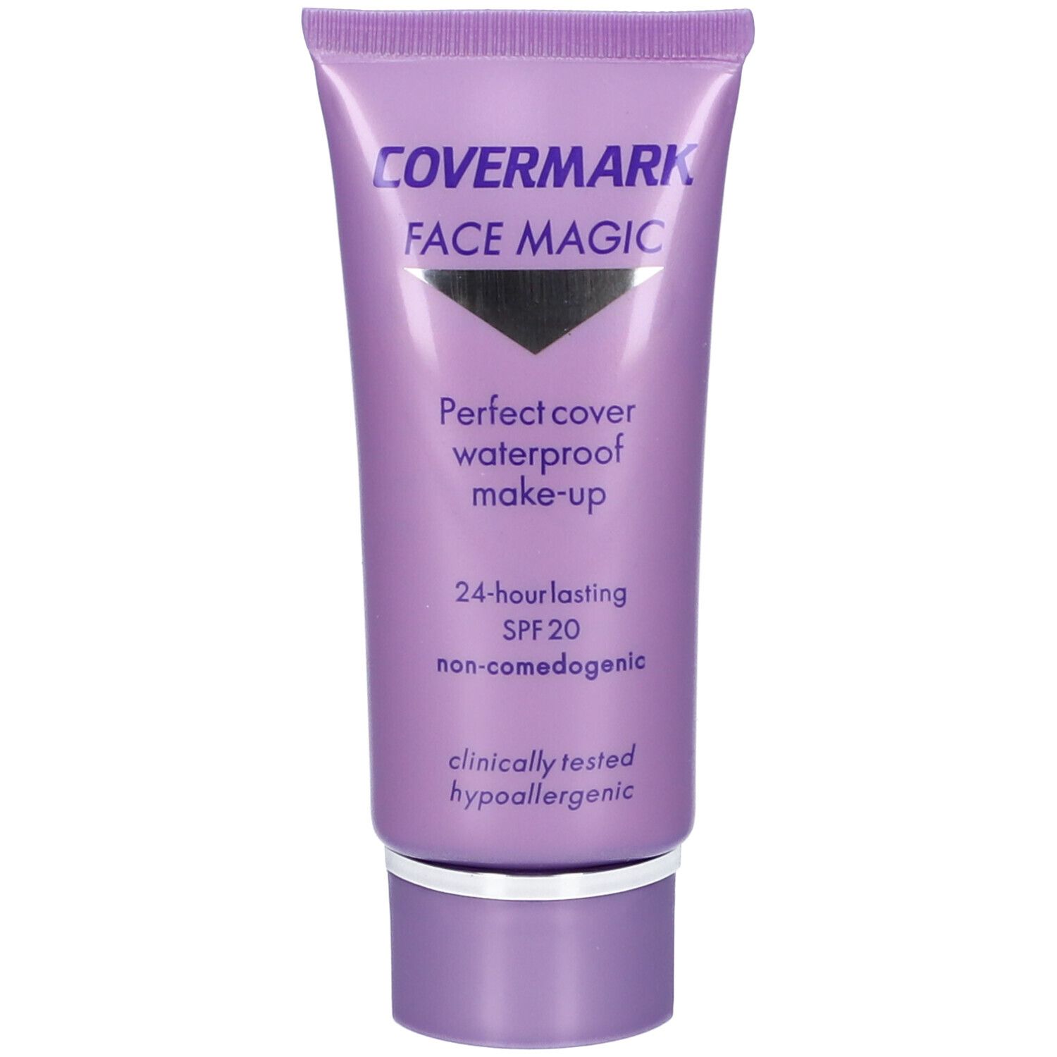 Tubo lilla con tappo bianco. Scritta: COVERMARK FACE MAGIC, Perfect cover waterproof make-up, SPF 20.