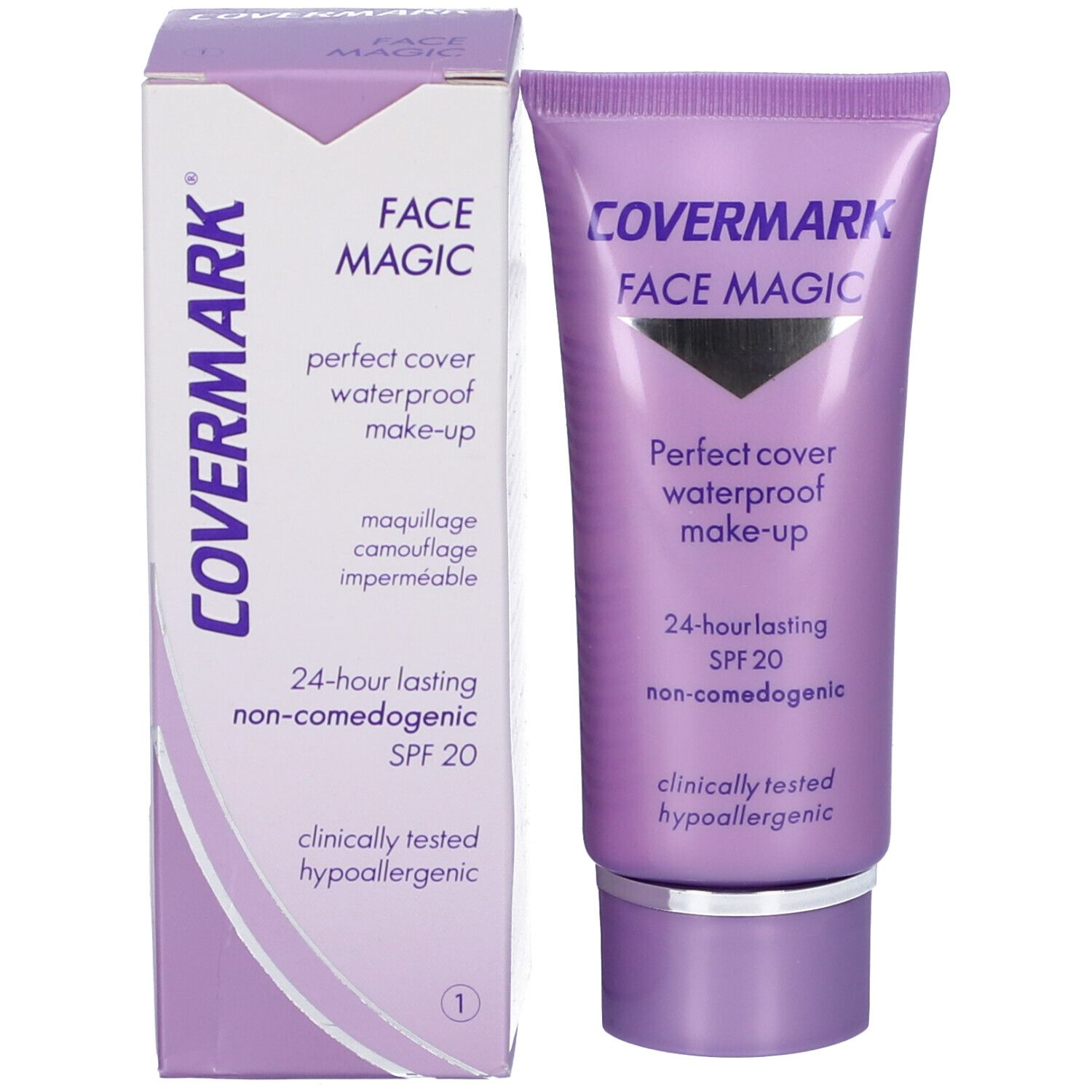 Confezione del prodotto con tubo. Scritta: COVERMARK, FACE MAGIC, Perfect cover waterproof make-up, SPF 20.