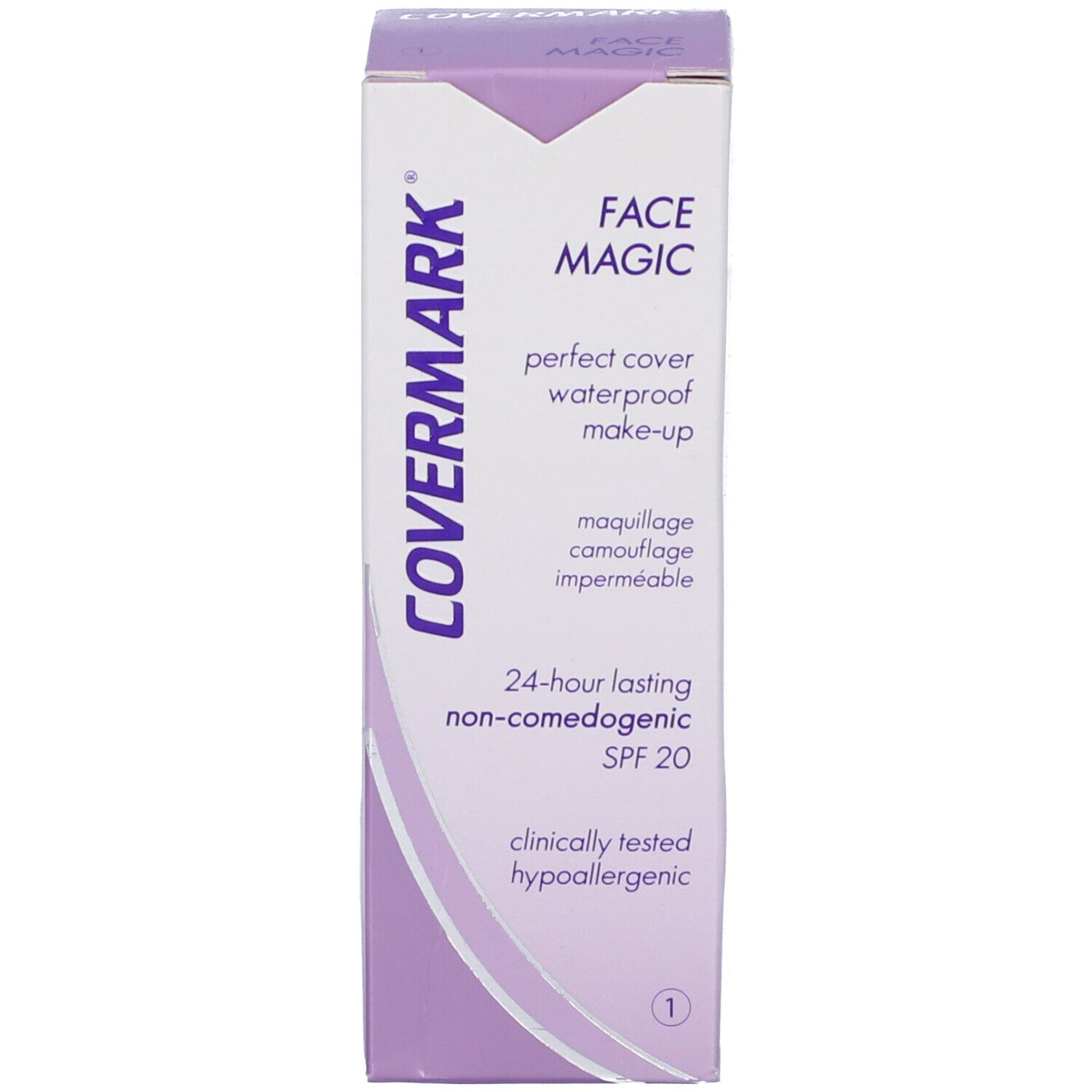 Confezione del prodotto. Scritta: COVERMARK, FACE MAGIC, Perfect cover waterproof make-up, SPF 20.
