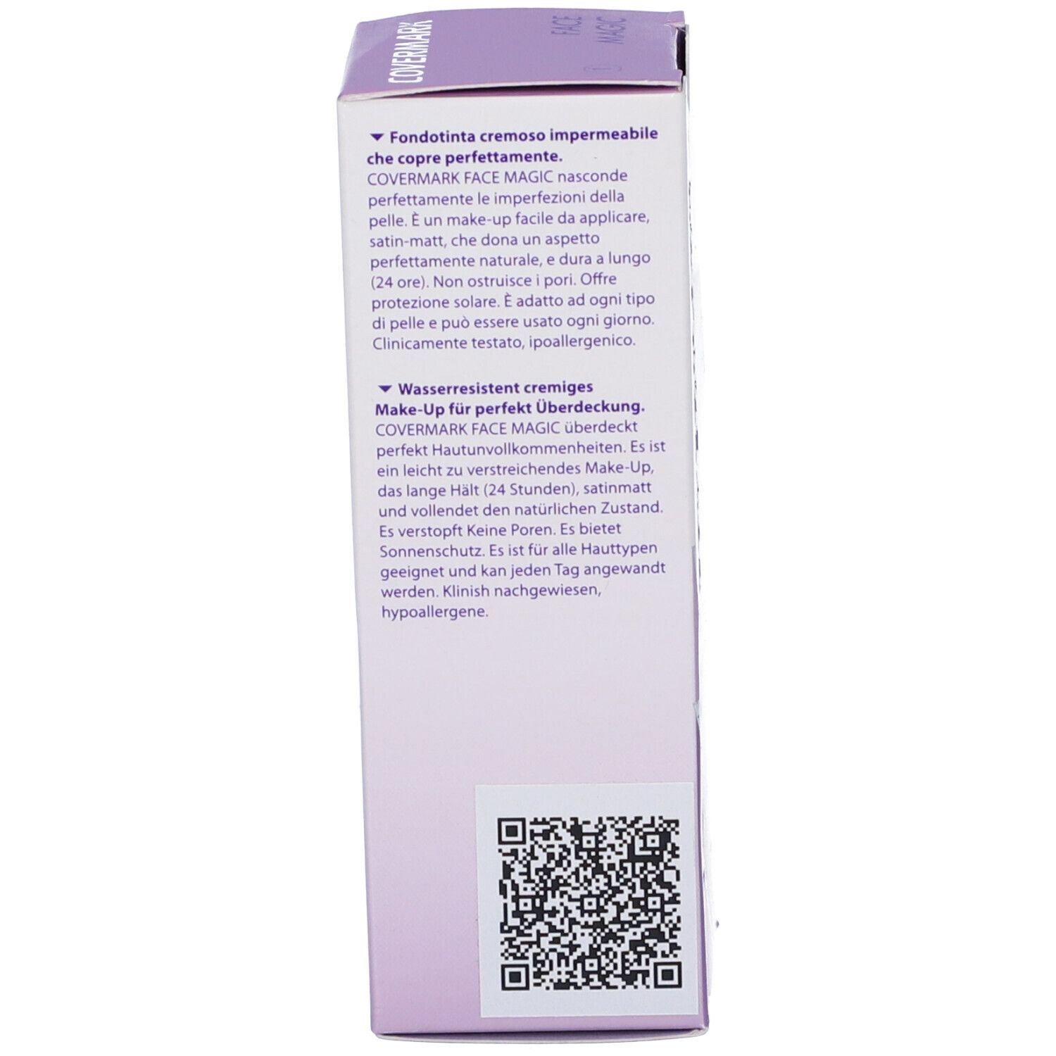 Lato della confezione del prodotto. Testo in italiano e tedesco. Codice QR.