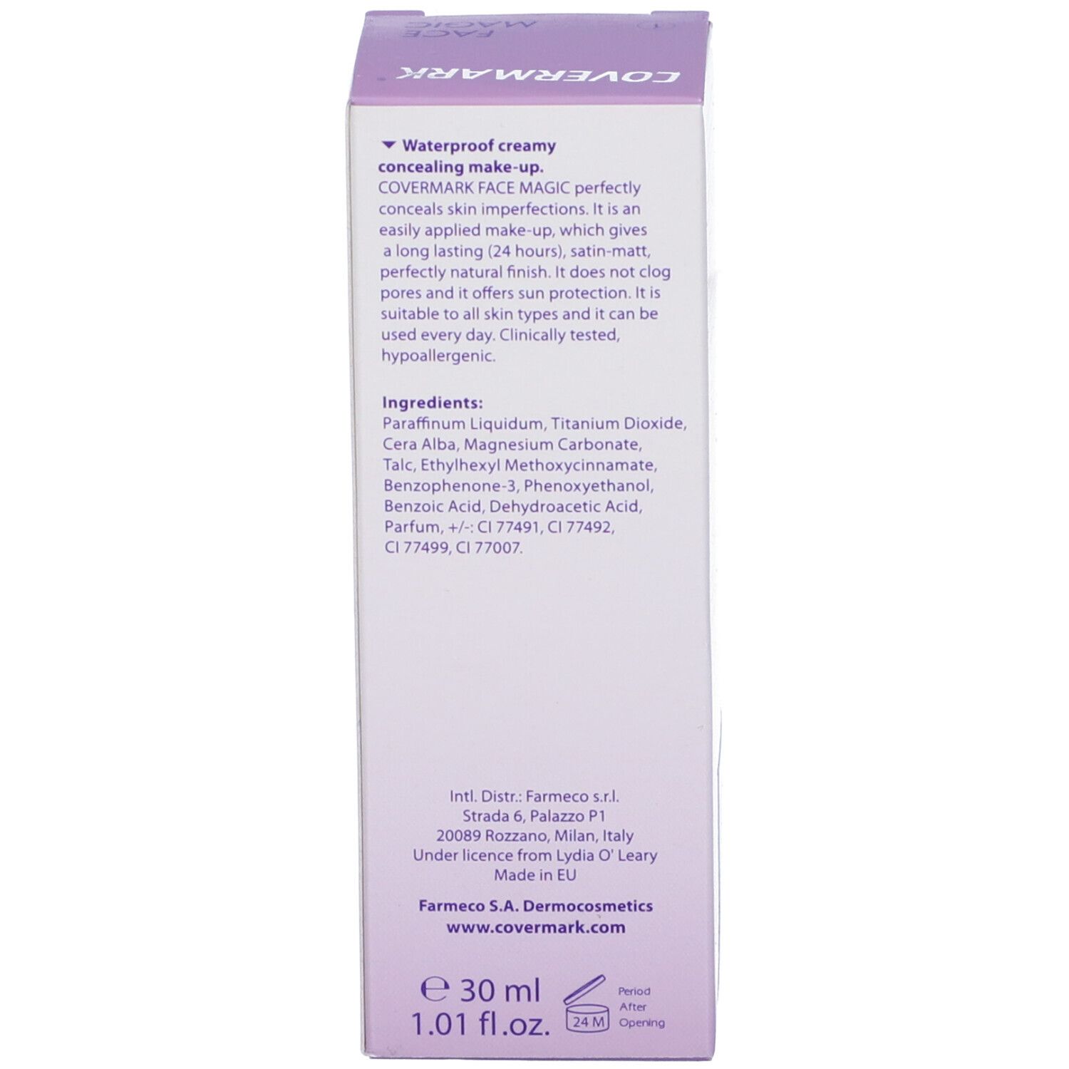 Lato della confezione del prodotto. Testo in inglese. Ingredienti, 30 ml, 1.01 fl.oz.