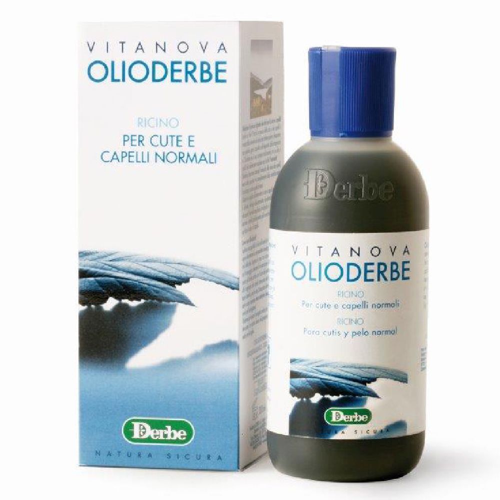 Flacone e confezione con nome e testo del prodotto. Tappo blu, scatola bianca con logo.