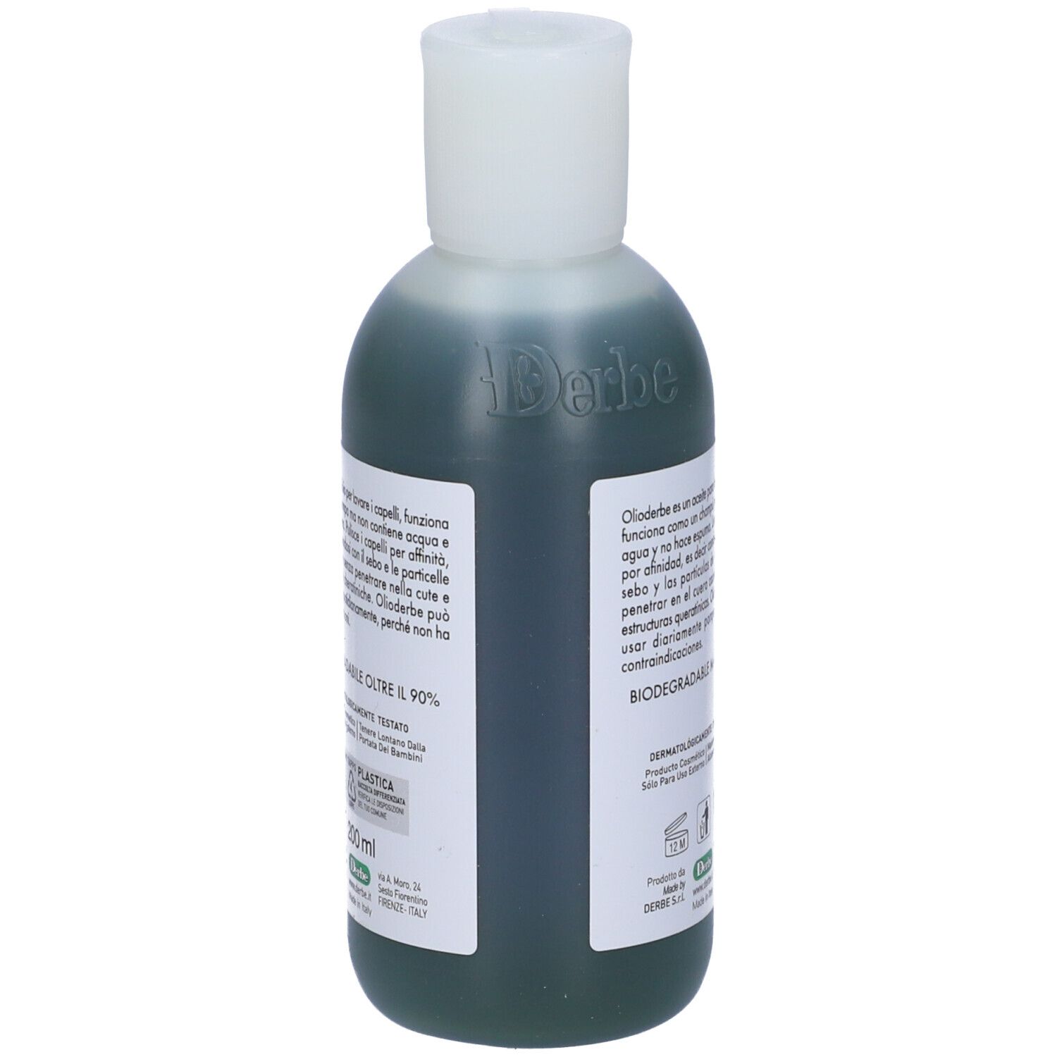 Flacone con tappo bianco. Nome e testo del prodotto sull'etichetta. Contenuto verde.