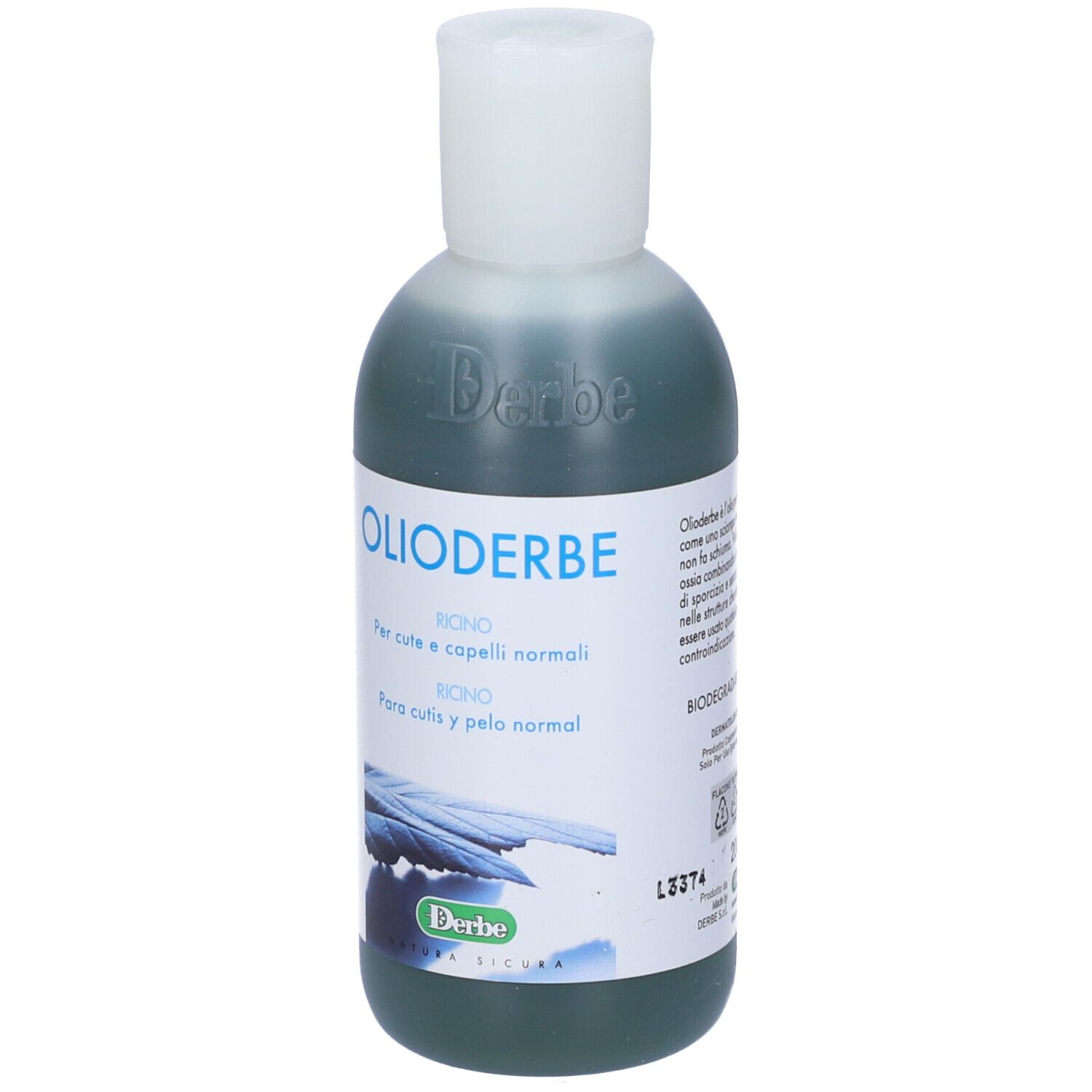 Flacone con tappo bianco. Nome e testo del prodotto sull'etichetta. Contenuto verde.