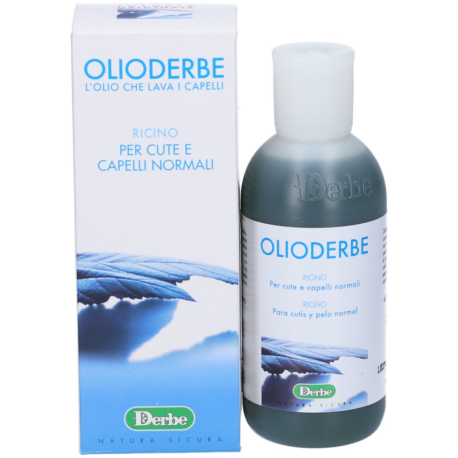 Flacone e confezione con nome e testo del prodotto. Contenuto verde, tappo bianco.