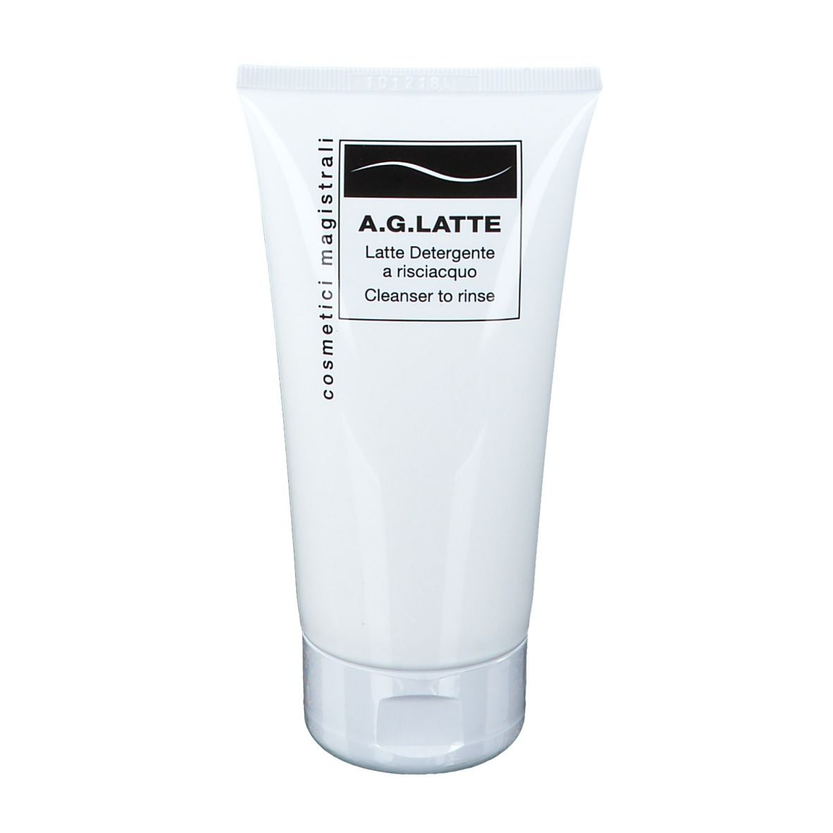 Tubo bianco con tappo bianco. Scritta: A.G. LATTE, sotto LATTE DETERGENTE A RISCIACQUO, CLEANSER TO RINSE.
