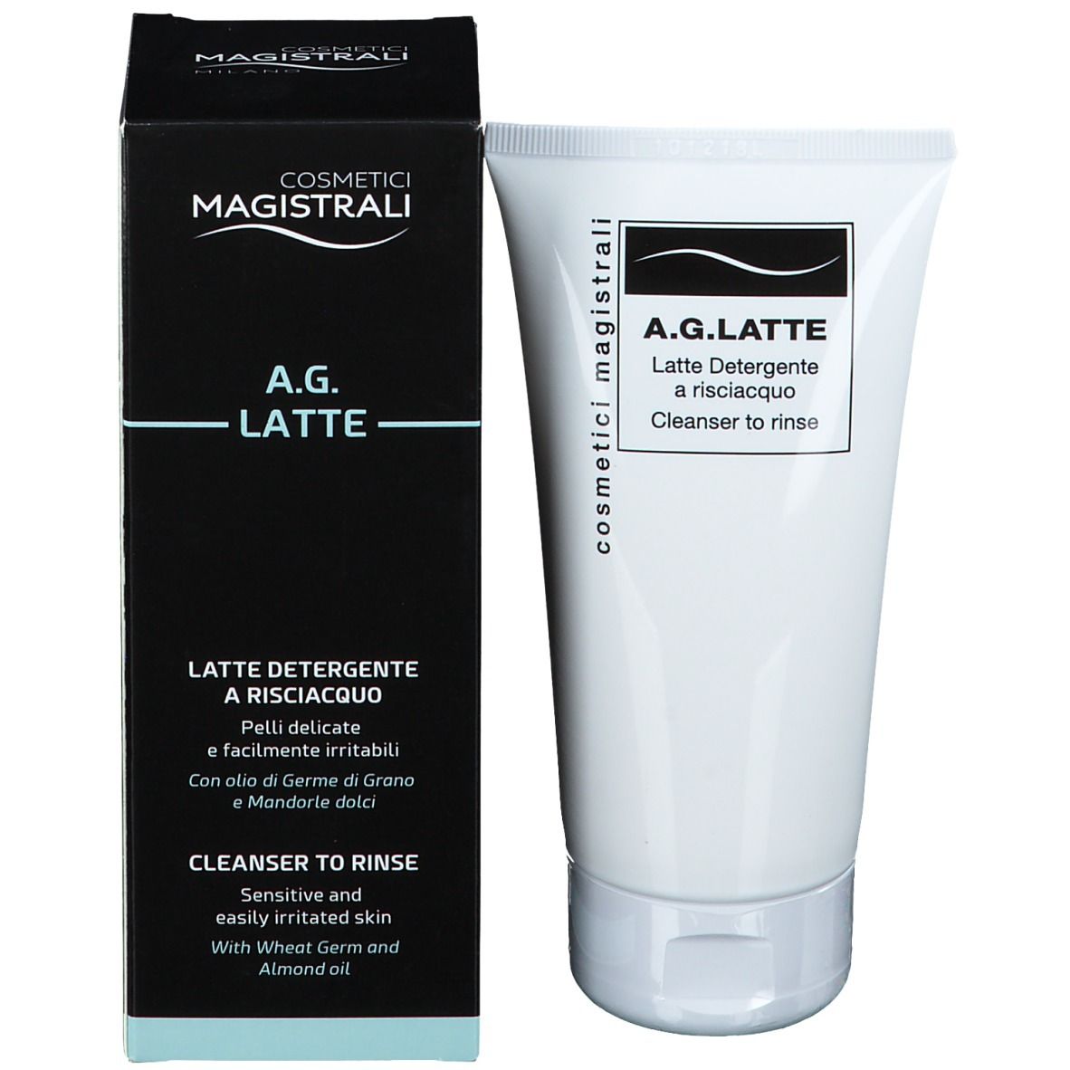 Confezione del prodotto con tubo. Scatola nera con tubo bianco. Scritta: A.G. LATTE, sotto LATTE DETERGENTE A RISCIACQUO, CLEANSER TO RINSE.