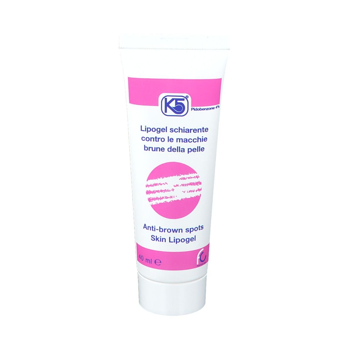 Tube mit K5 Lipogel. Rosa Streifen und Schriftzug: Lipogel schiarente, gegen braune Hautflecken. 40 ml.