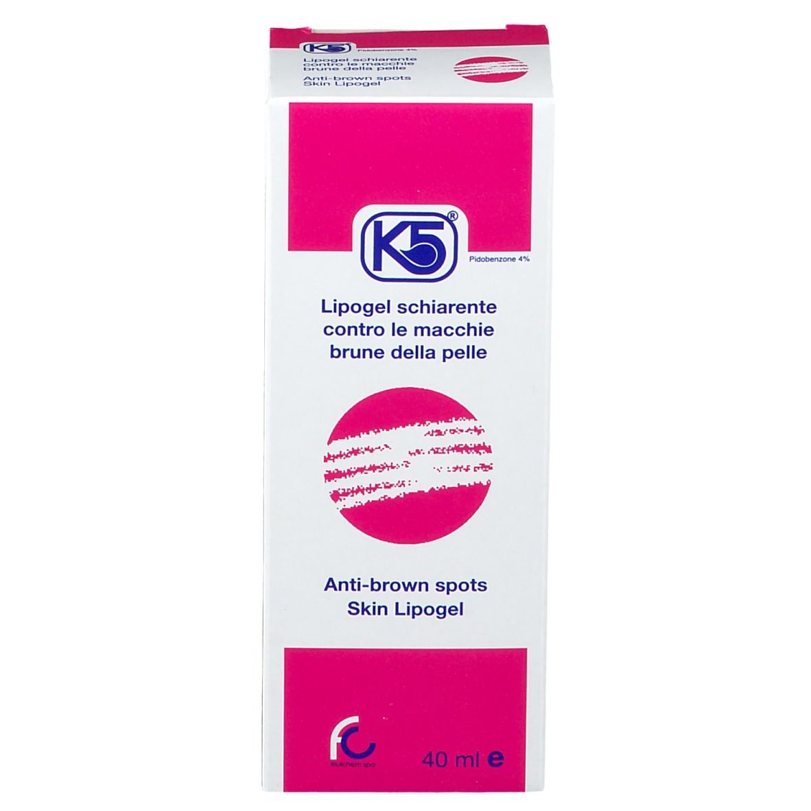 Schachtel mit K5 Lipogel. Rosa und weiße Verpackung. Aufschrift: Lipogel schiarente, gegen braune Hautflecken. 40 ml.