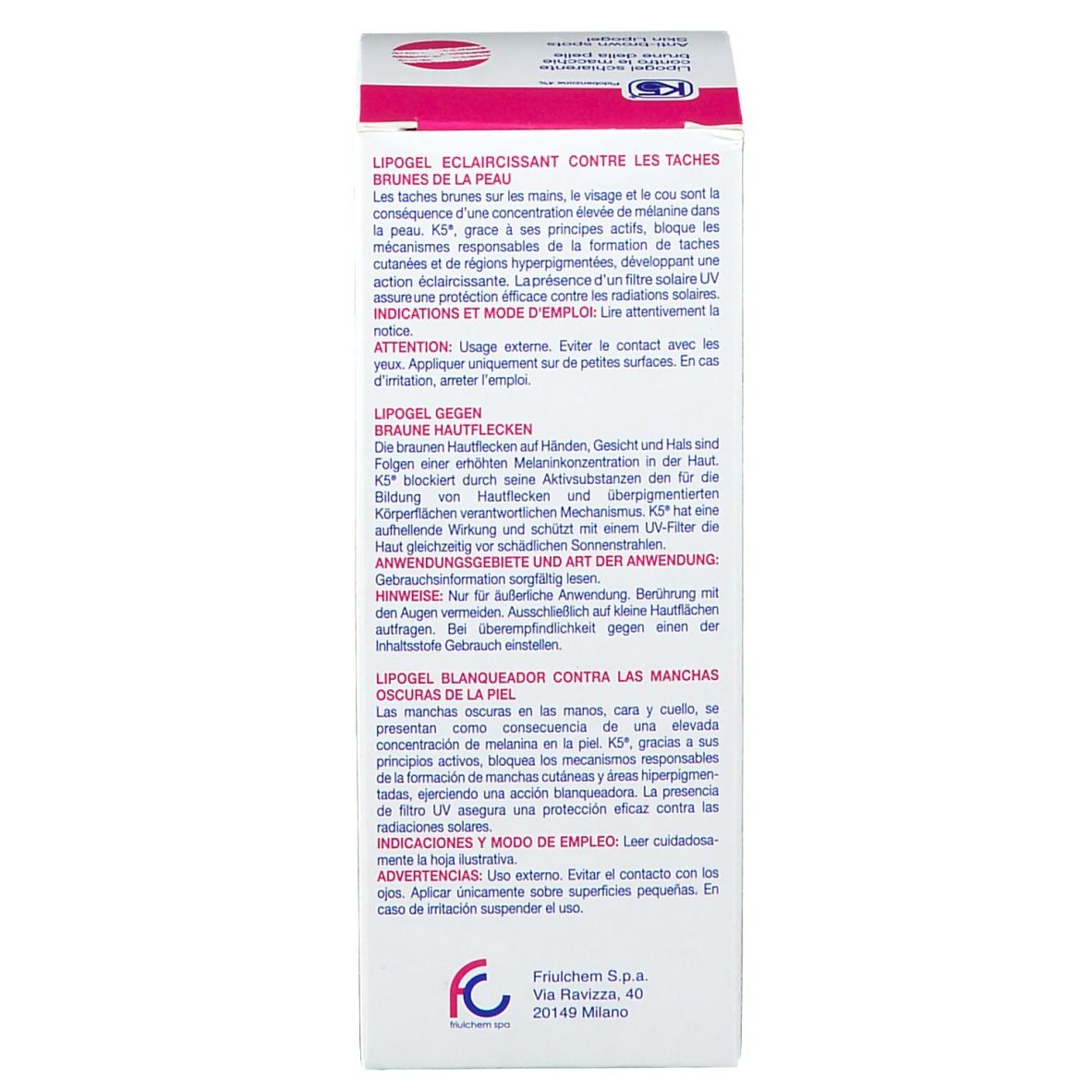 Rückseite der Schachtel. Mehrsprachiger Text. Informationen zu K5 Lipogel, Anwendung und Warnhinweise.