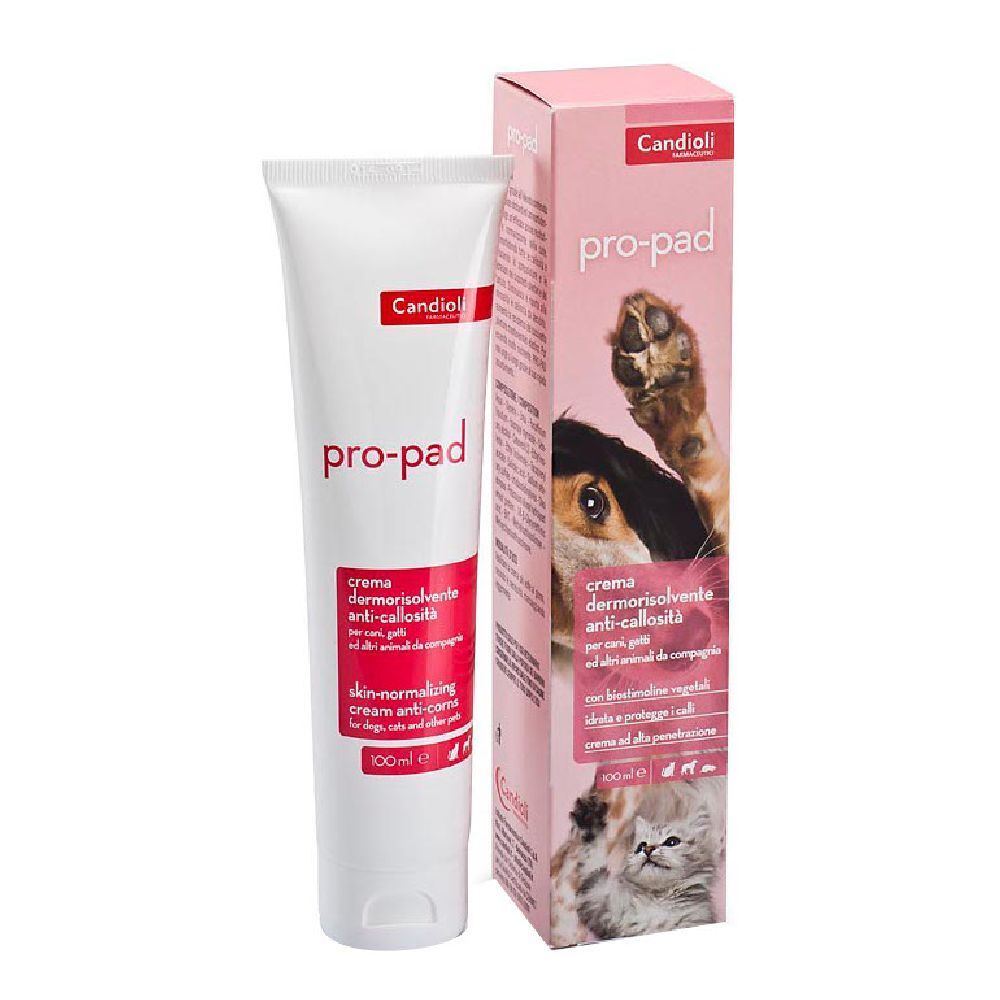 Tubo bianco e scatola rosa. "pro-pad" è scritto sul tubo. Un cane e un gatto sono raffigurati sulla scatola.