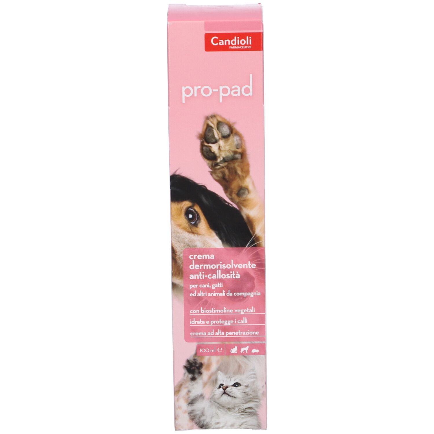Scatola rosa con un cane e un gatto. "pro-pad" e "crema dermosolvente anti-callosità" sono scritti sulla scatola.