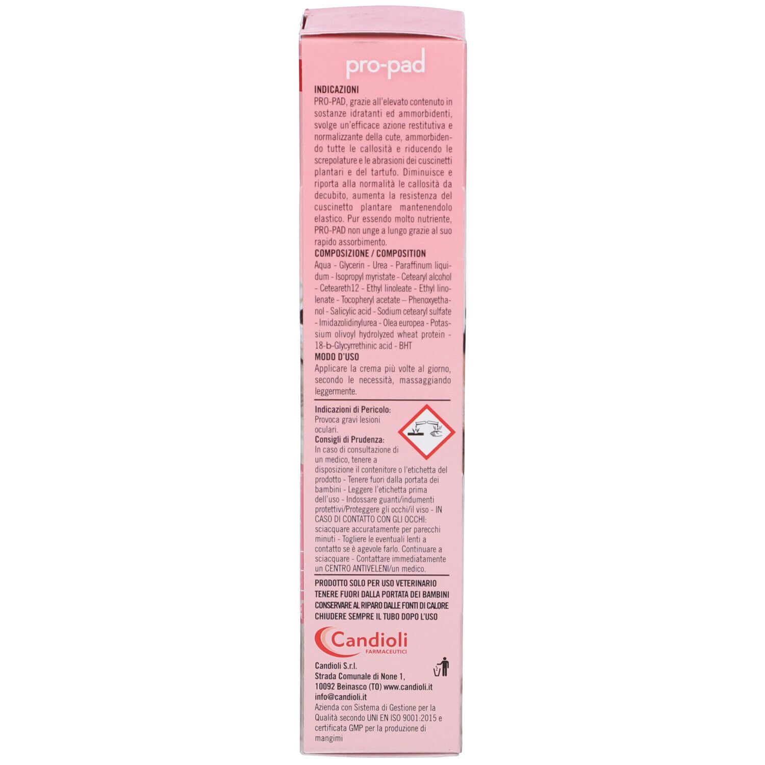 Scatola rosa con testo. "pro-pad" è scritto sulla scatola. Ingredienti e istruzioni per l'uso stampati.