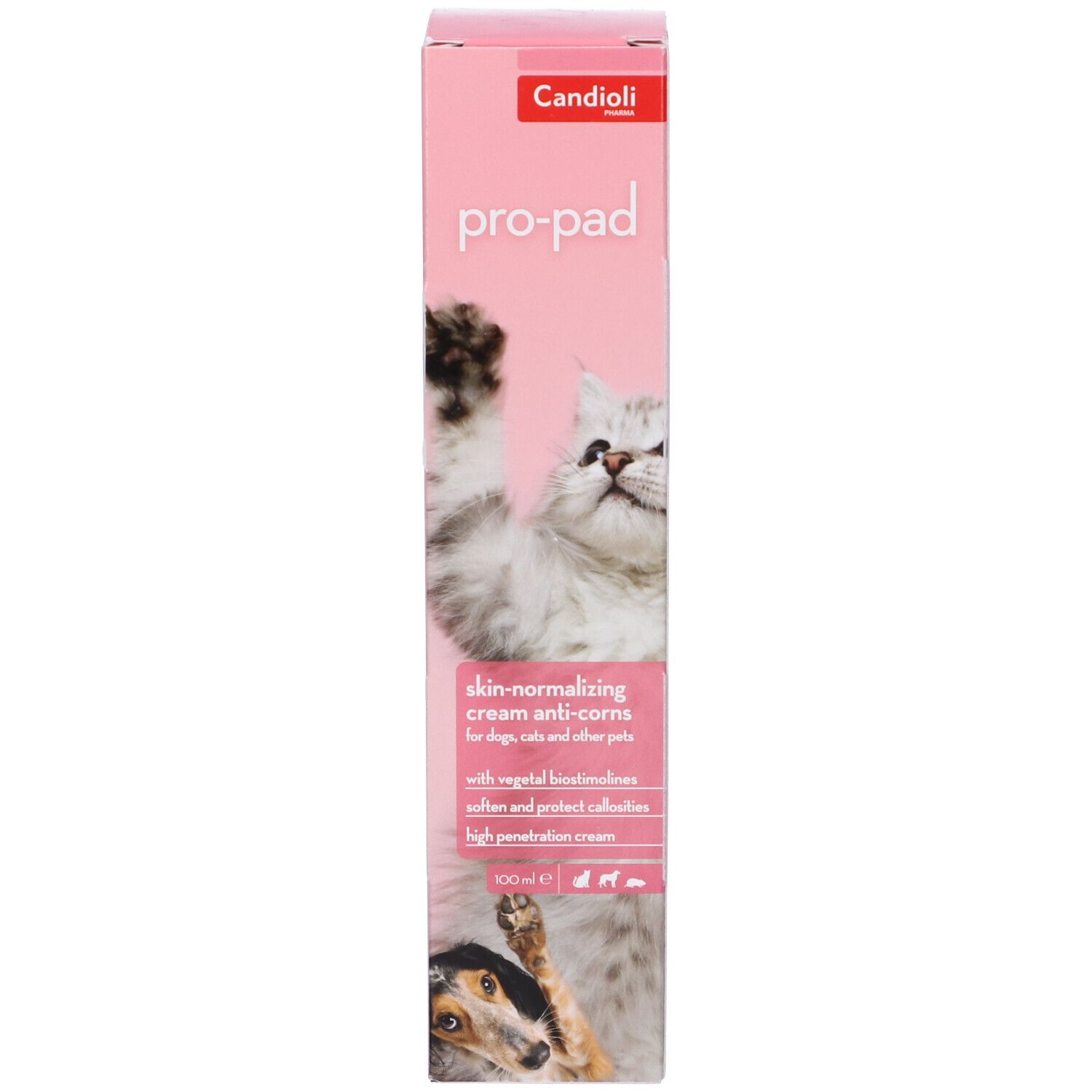 Scatola rosa con un gatto. "pro-pad" e "skin-normalizing cream anti-corns" sono scritti sulla scatola.
