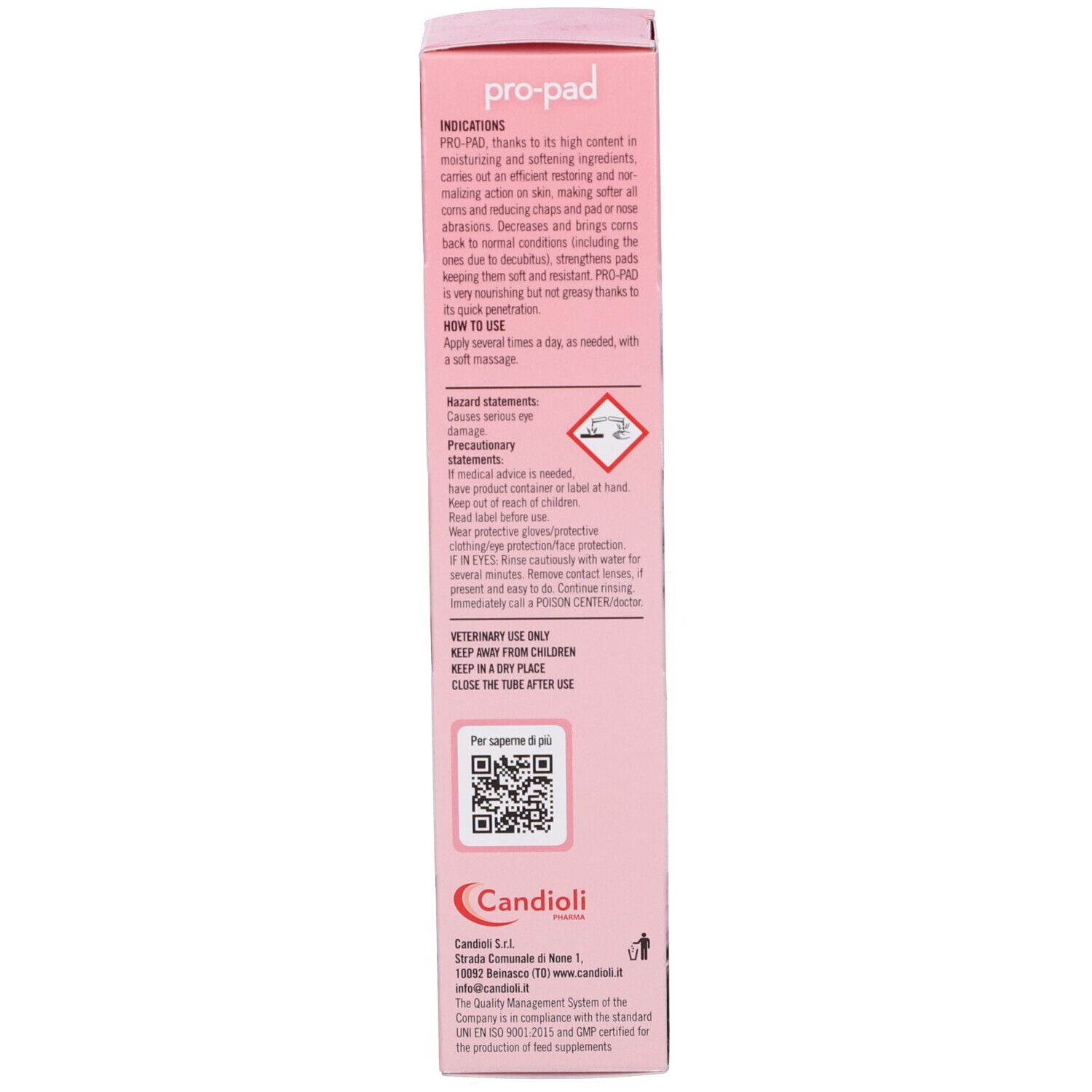 Retro di una scatola rosa. Testo in rosso. Istruzioni per l'uso e avvertenze stampate.