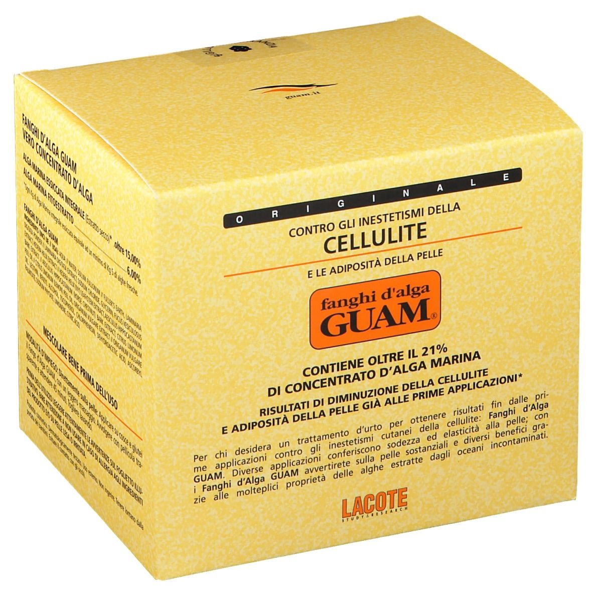 Scatola beige. Scritta: GUAM Algenschlamm-Cellulite. Contiene oltre il 21% di alghe concentrate. Testo in italiano.