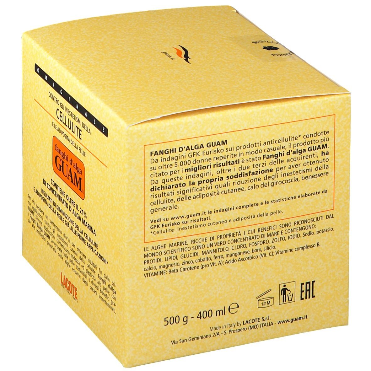Scatola beige. Scritta: GUAM Algenschlamm-Cellulite. Testo in italiano. Informazioni sugli ingredienti e le certificazioni.