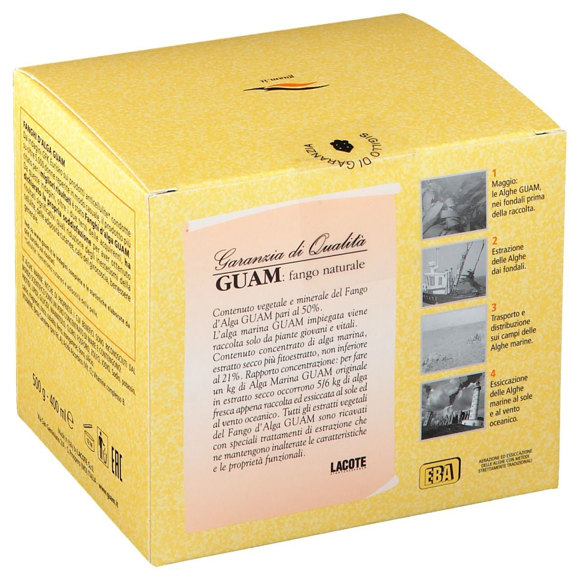 Scatola beige. Scritta: GUAM Algenschlamm-Cellulite. Testo in italiano. Illustrazioni di alghe.